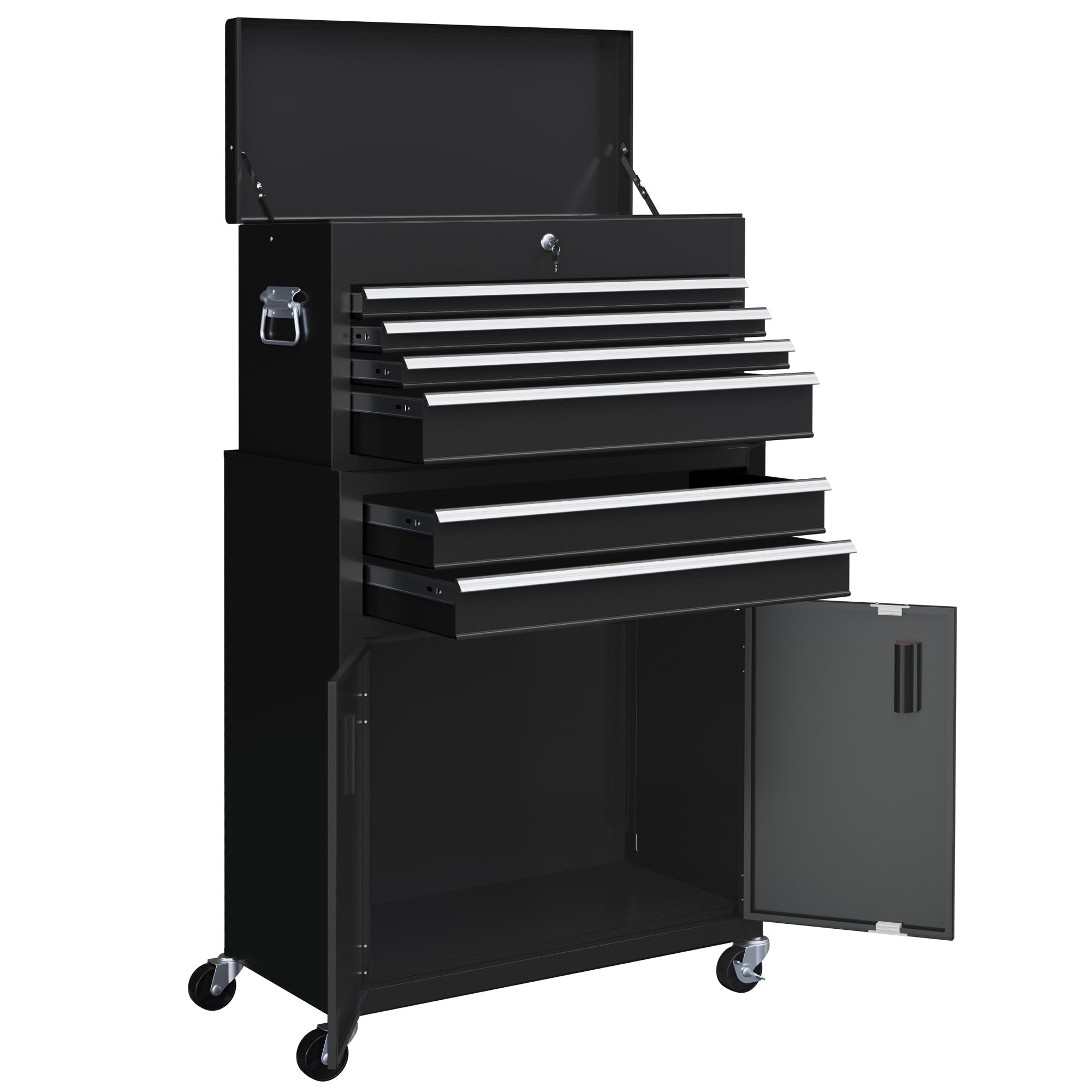 6-Drawer Rolling Tool Chest, 2 in 1 Lockable Storage Cabinet with Hooks, Metal Tool Box for Garage, Workshop, Black