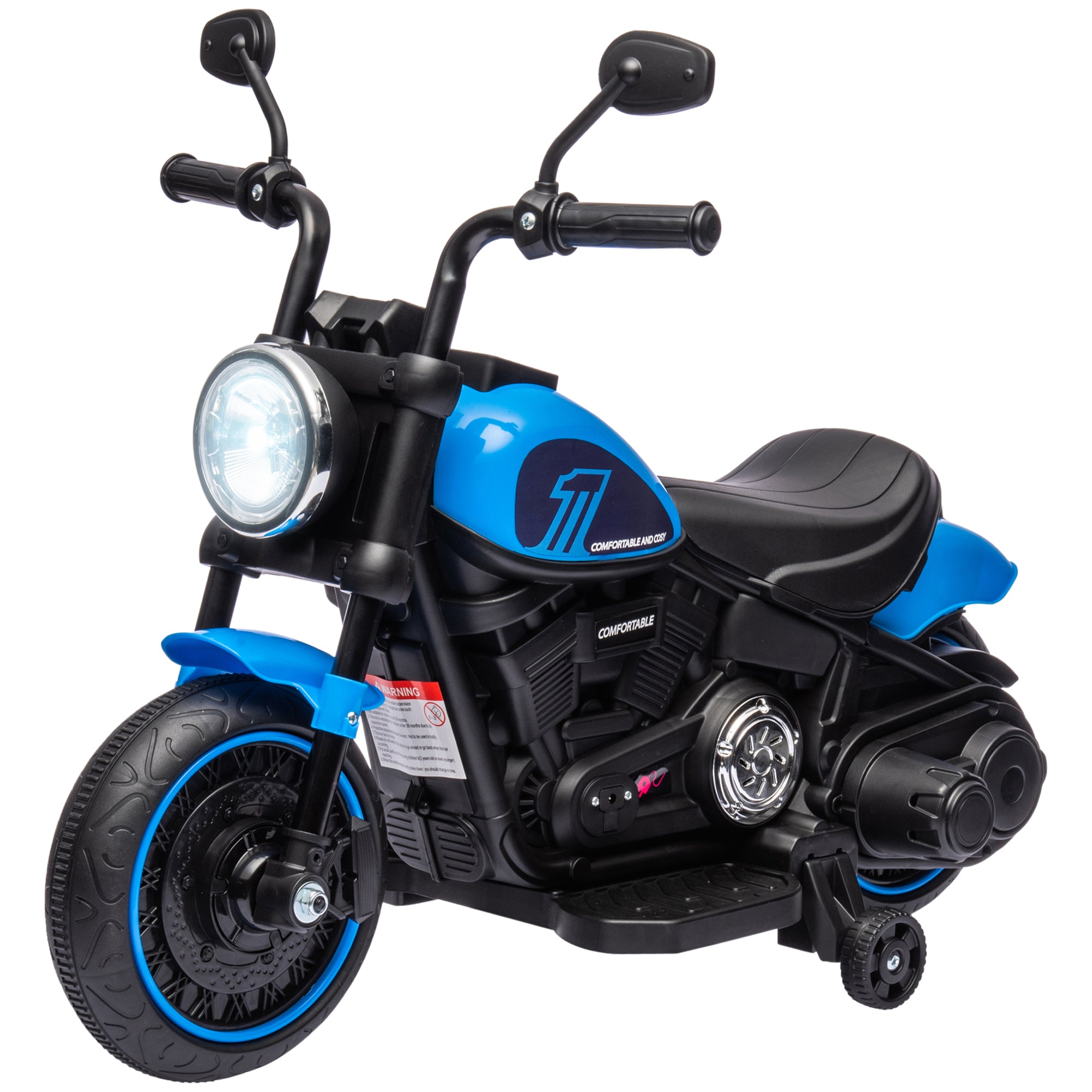 Aosom 6V Kids Motorcycle with Training Wheels, Foot Pedal, Headlight, Music, Forward/Reverse, Single-Button Start, Blue