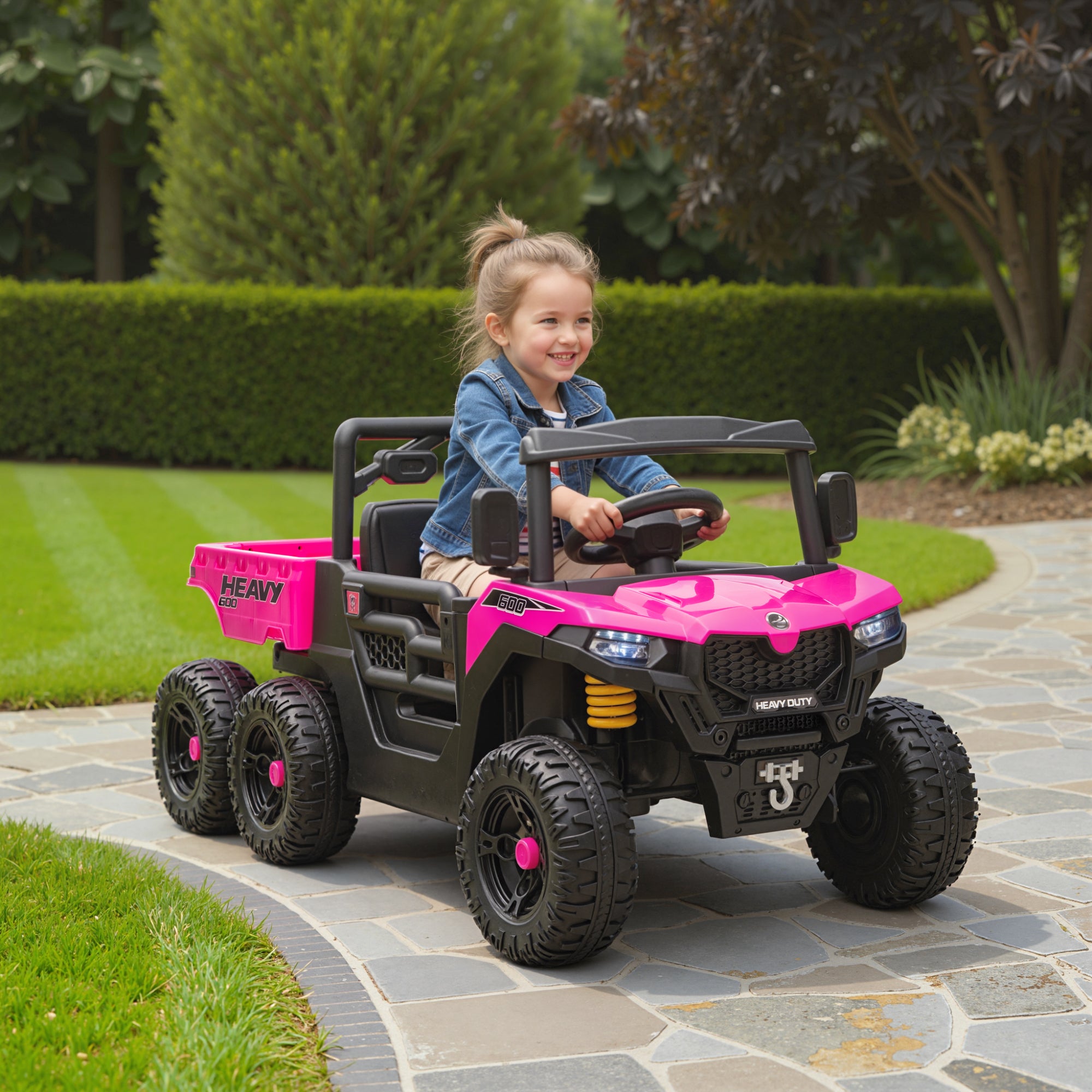 Qaba 24V 4WD Kids Ride On Truck with 6 Wheels Electric Ride On Car with Remote, Dump Bed for 3-8 Years, Pink