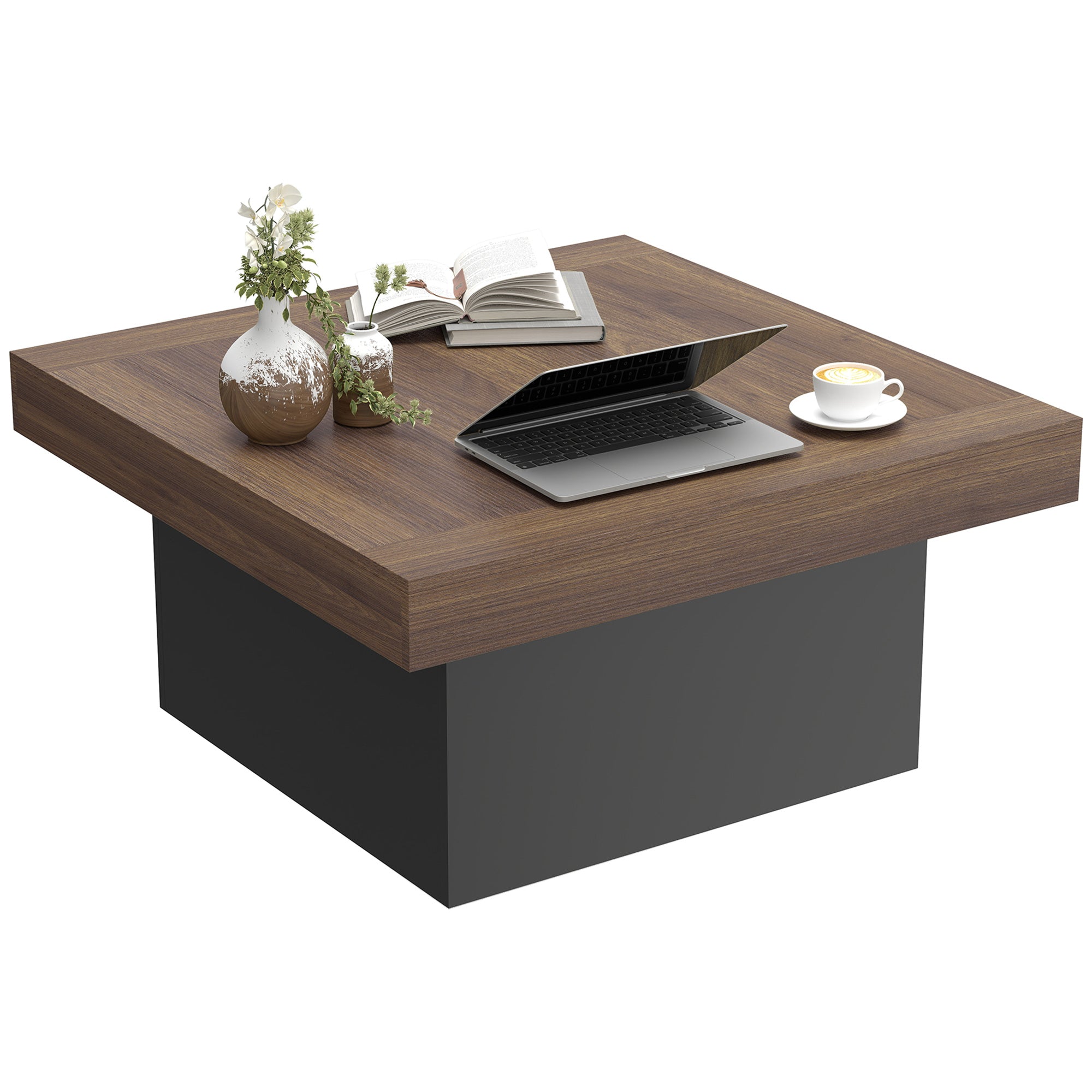 Square Coffee Table with 16-Colour LED Lights, 35-inch Modern Center Table for Living Room, Walnut