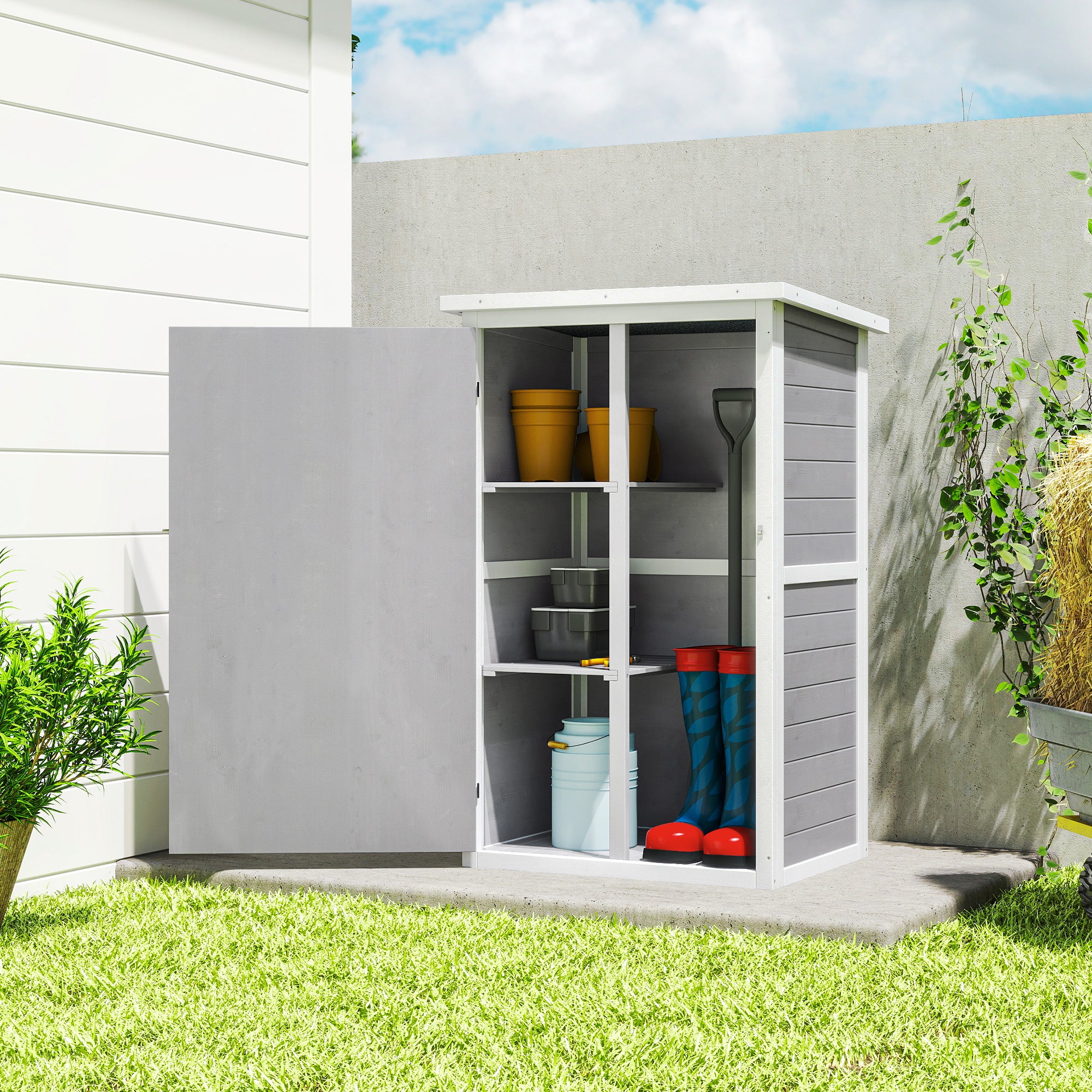 29.9"x21.7"x45.3" Garden Storage Shed with Asphalt Roof, Outdoor Storage Cabinet w/ Shelves, Grey
