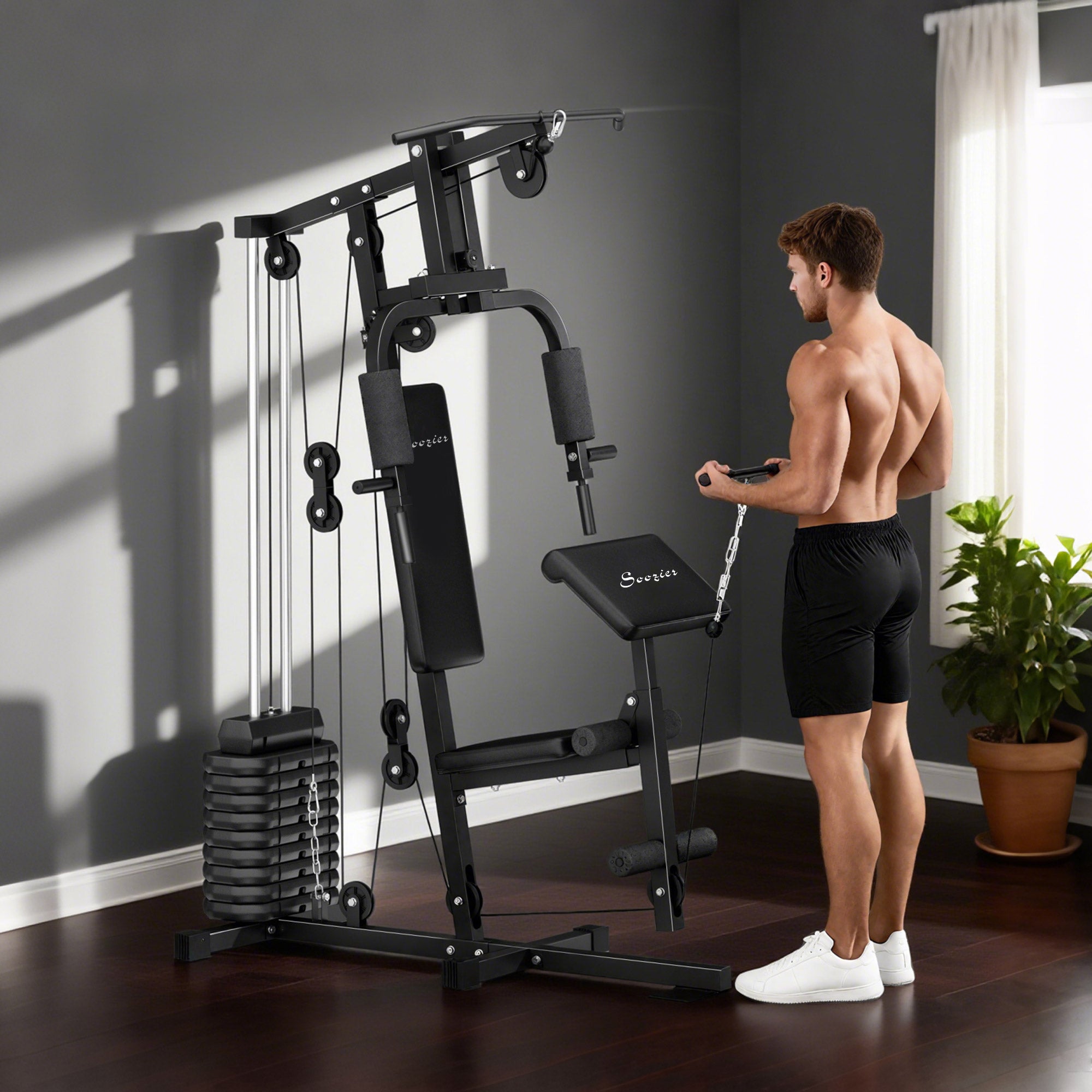 Soozier Multi-Exercise Home Gym Station with 99lbs Weight Stack, for for Back, Chest, Arms, Full Body Workout