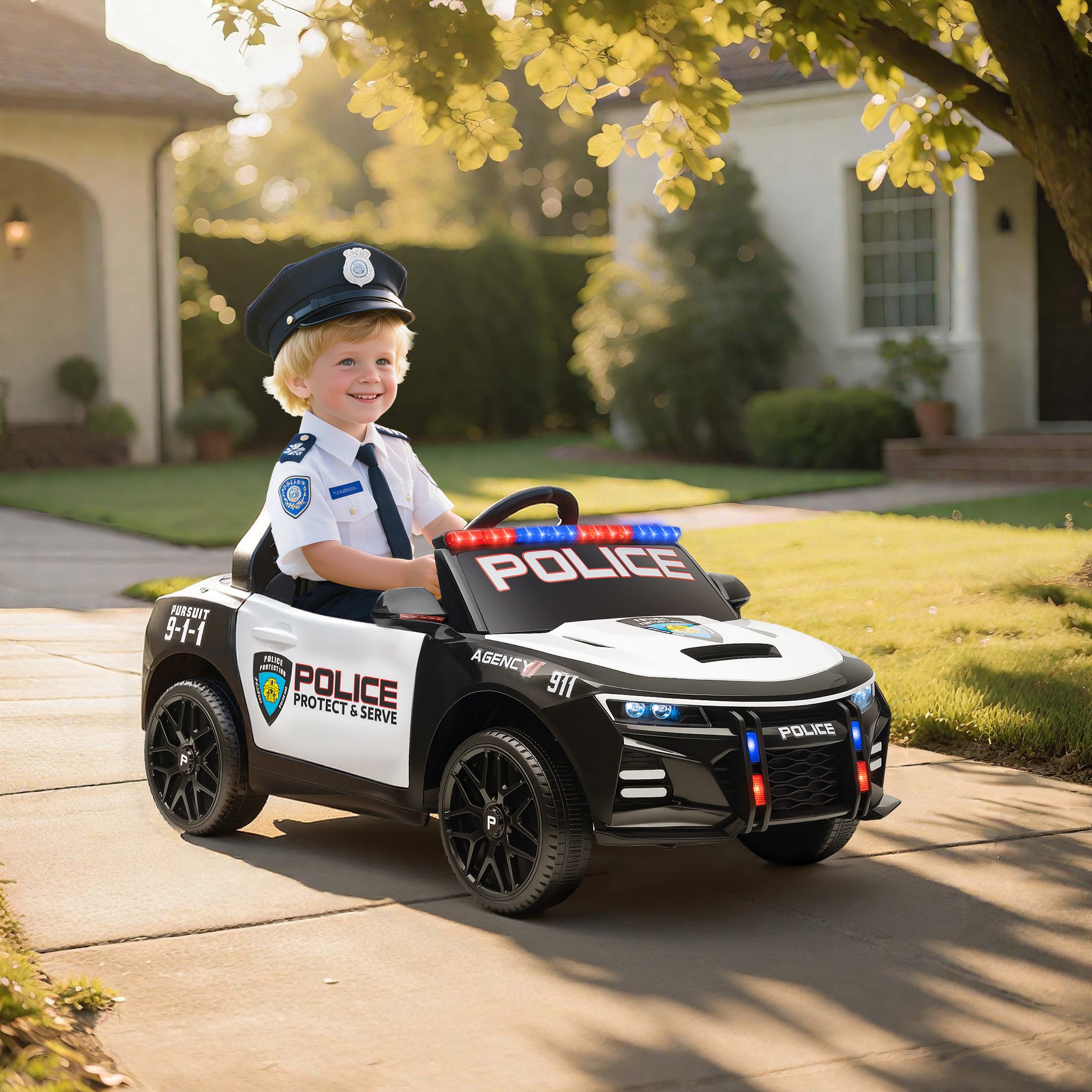 Qaba Kids Electric Ride on Police Car with Remote Control, Sirens, Flashing Lights, Music, Horn, Shock Absorbers, White
