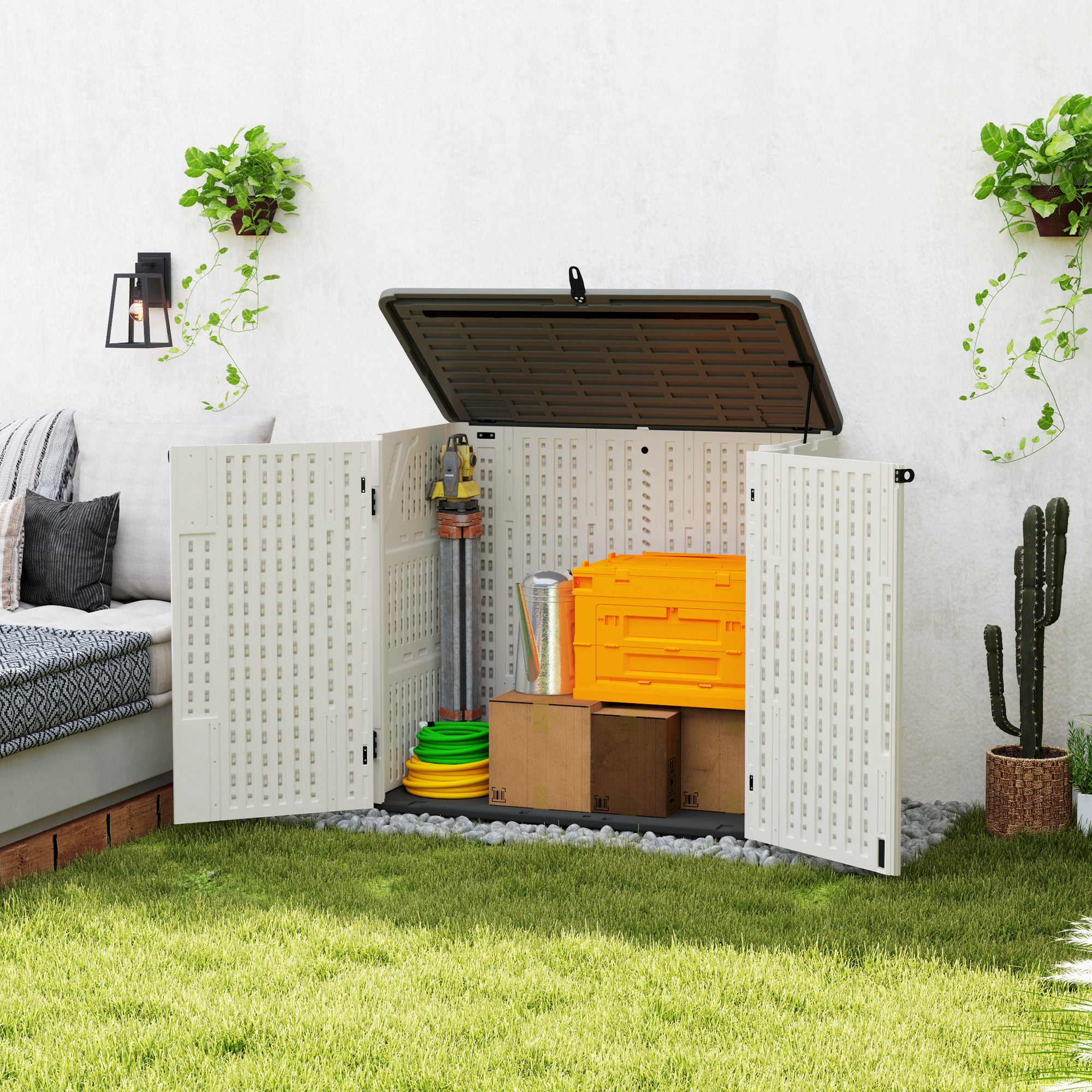 185 Gallon Outdoor Storage Cabinet with Openable Top and Lockable Doors for Lawnmower, Trash Can, Patio Accessories