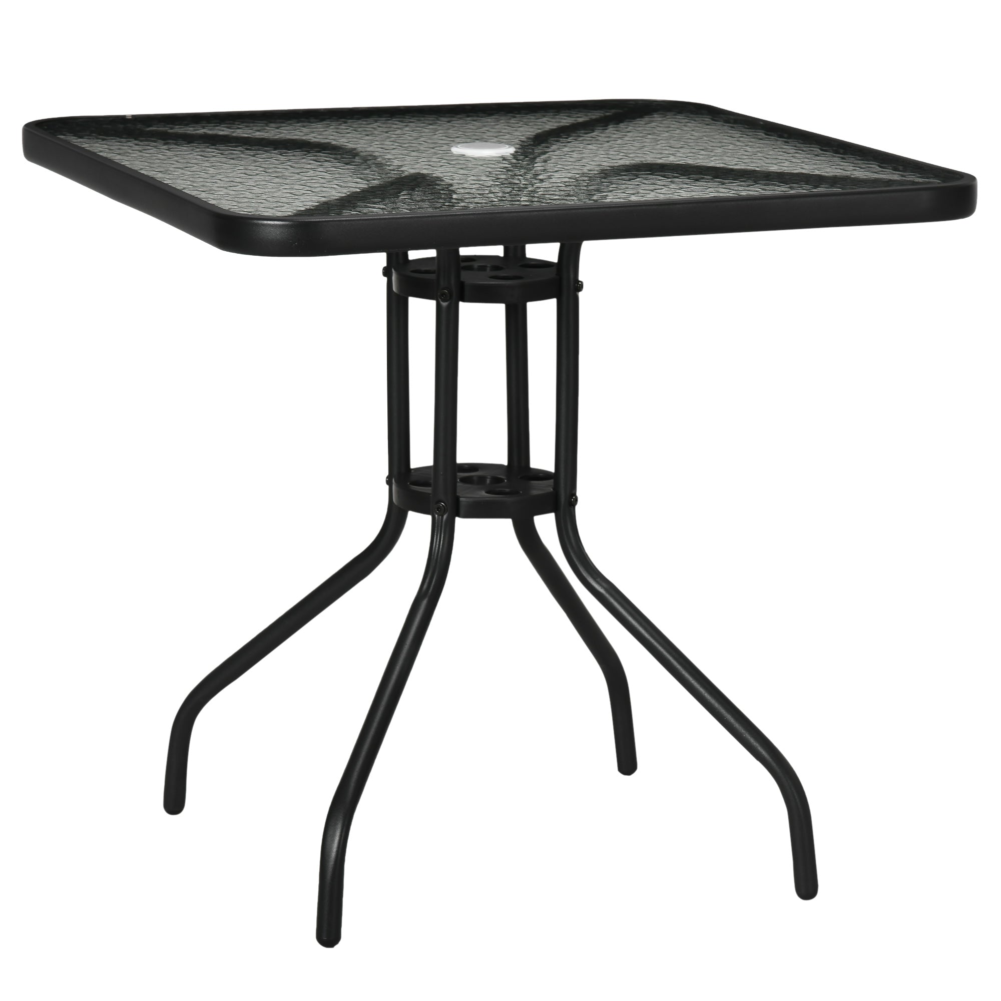 Square Patio Dining Table with Umbrella Hole Tempered Glass Top Outdoor Dining Table for Garden Balcony Black