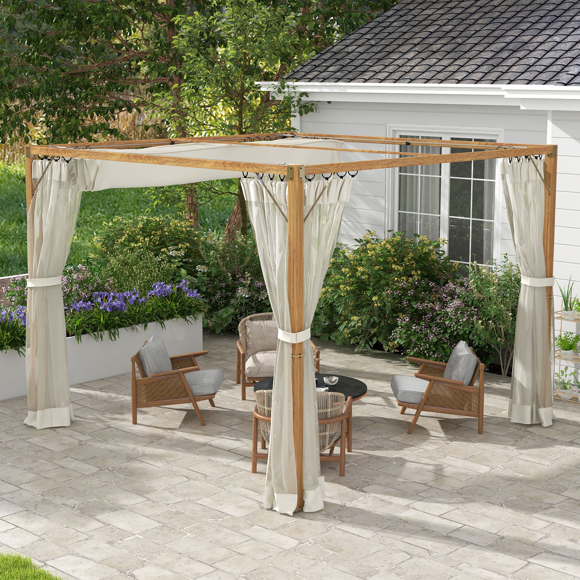 10 x 10 ft Retractable Pergola, Garden Gazebo Shelter with Nettings for Grill, Patio, Deck, Natural