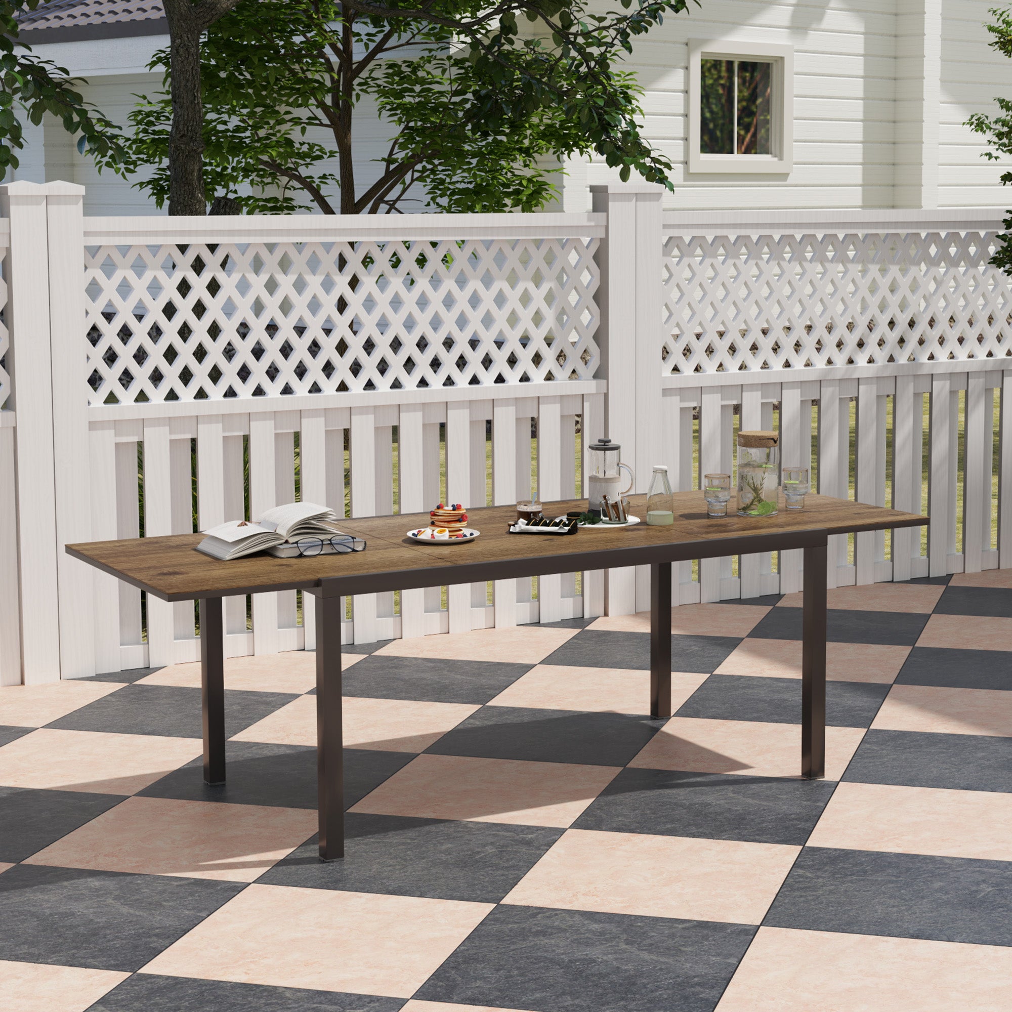63"-94.5" Extendable Patio Dining Table for 6-8 Person, Outdoor Dining Table with Aluminium Edging, Steel Frame, Brown