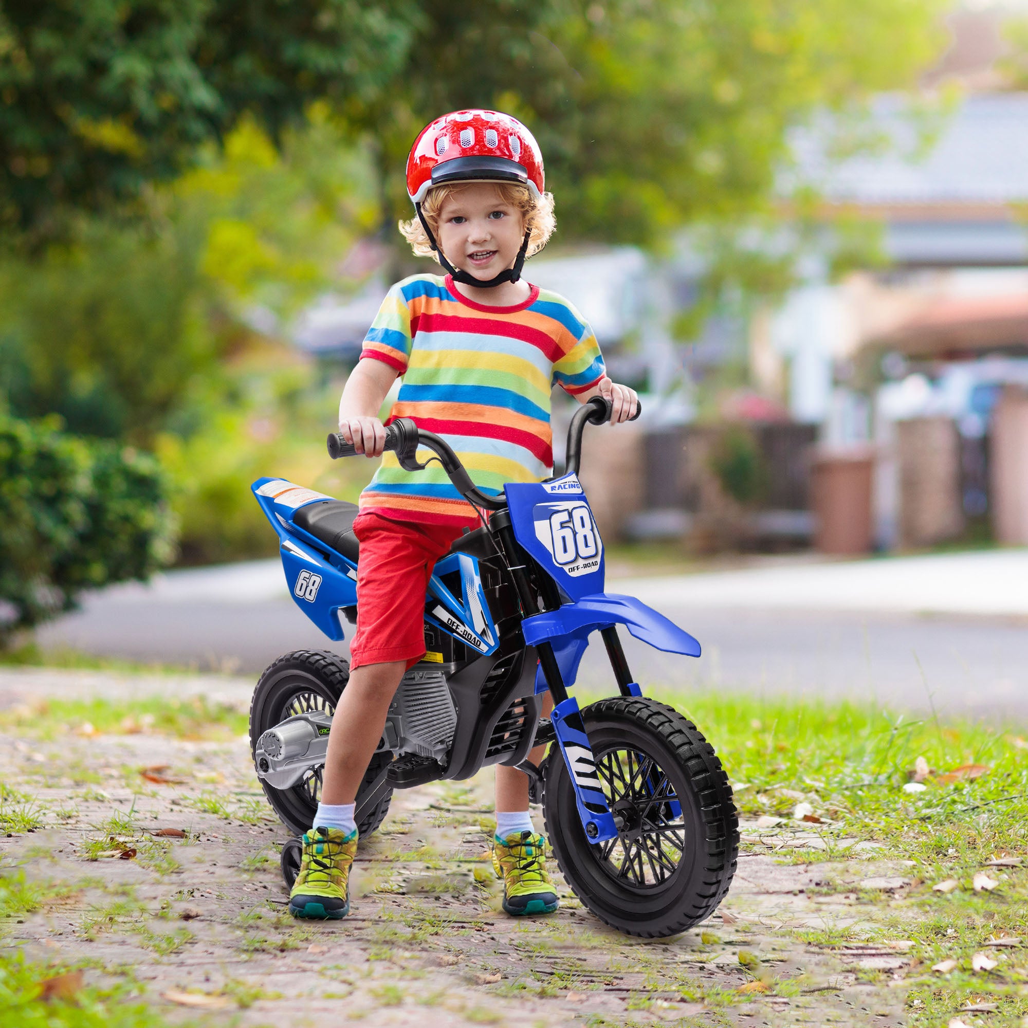 Qaba 12V Kids Dirt Bike, Electric Motorcycle with Twist Grip Throttle, Training Wheels, Rear Suspension & Music, Blue