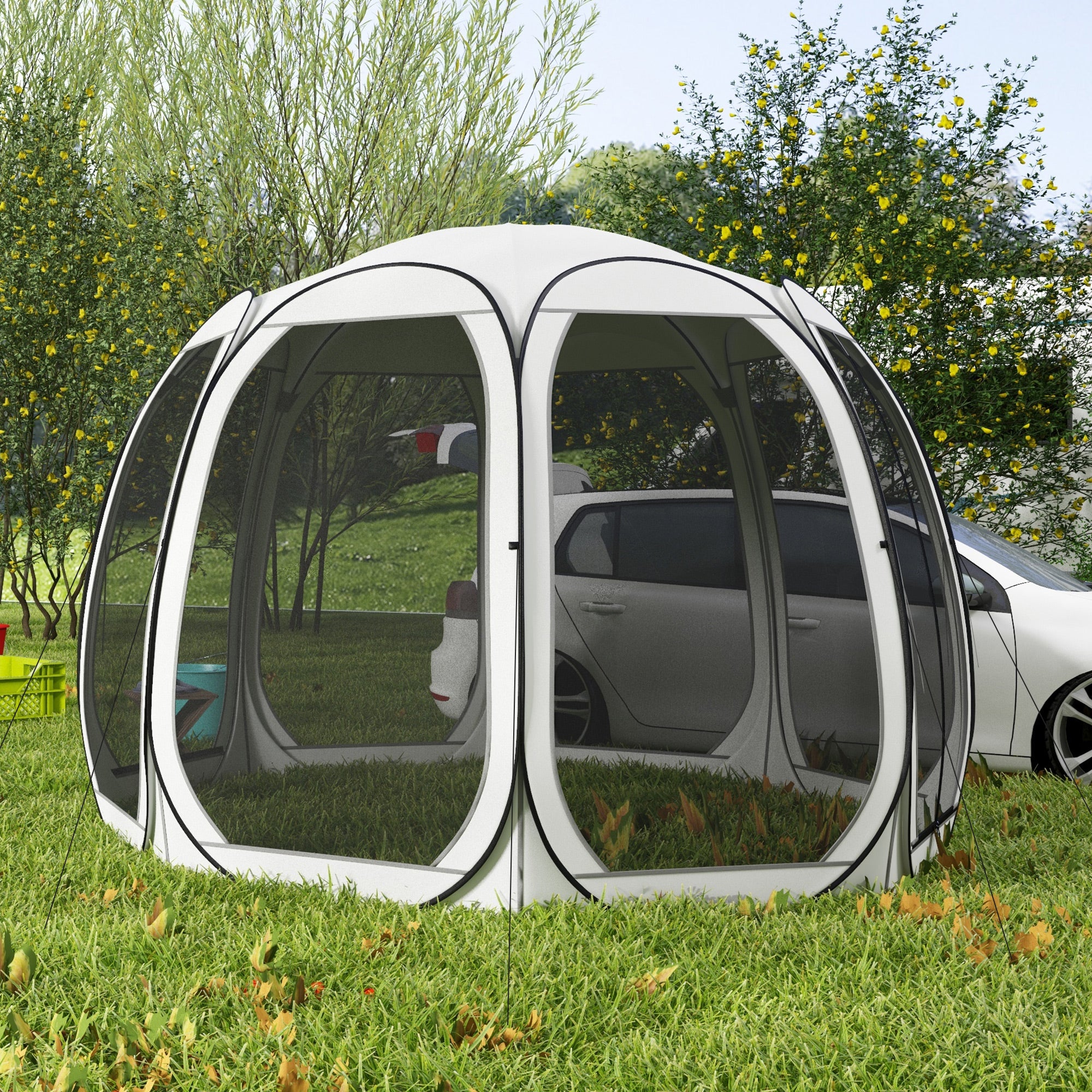 11' x 11.5' Screen Tent, Pop Up Camping Gazebo with Portable Carry Bag and 2 Doors, Cream White