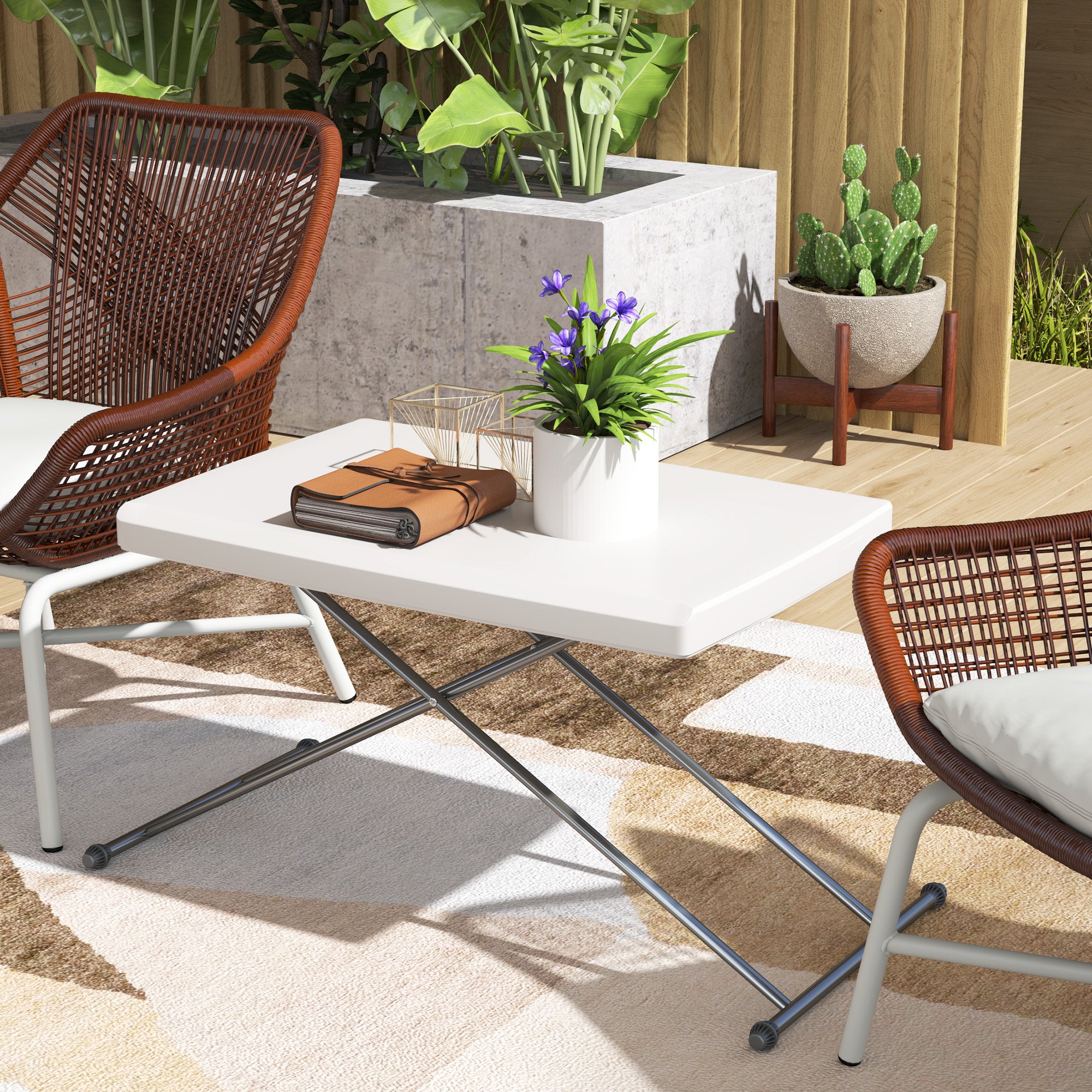 Folding Outdoor Patio Table, 3-Level Adjustable Camping Table Picnic Table with HDPE Top, Steel Legs, White