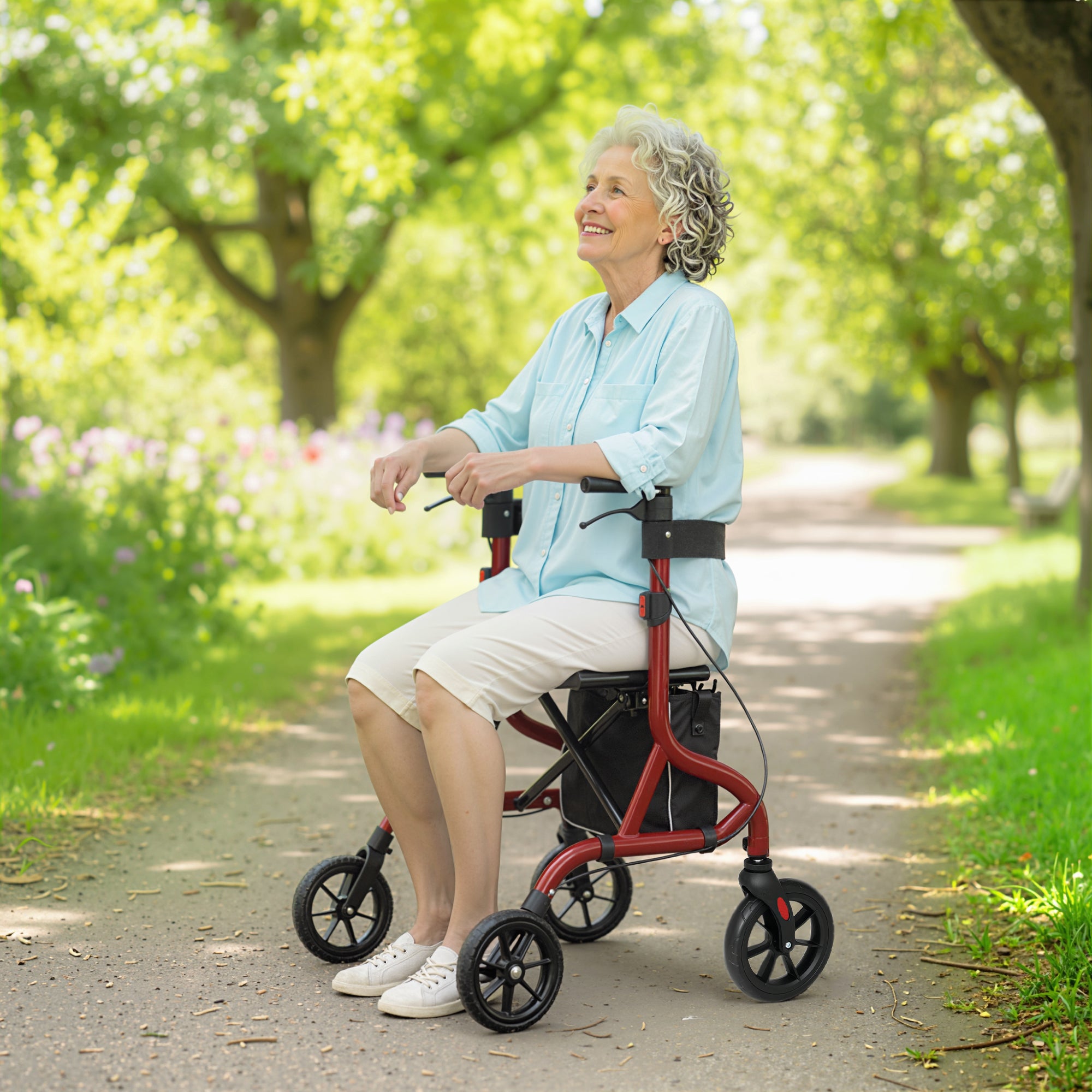 Foldable Rollator Walker with Seat for Seniors, Lightweight Rolling Walker with Adjustable Handles, Red