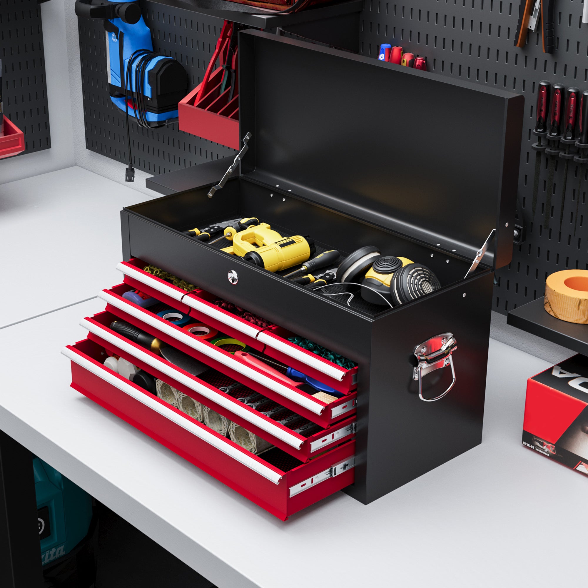 6 Drawer 24" Portable Tool Box with Top Case, Ball Bearing Slides, Metal Tool Chest for Garage, Household and Warehouse