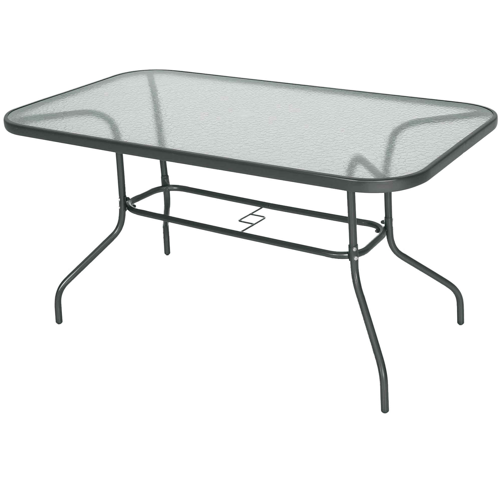 Metal Garden Dining Table with Umbrella Hole, Outdoor Patio Table with Tempered Glass Top, 55" x 31.5"
