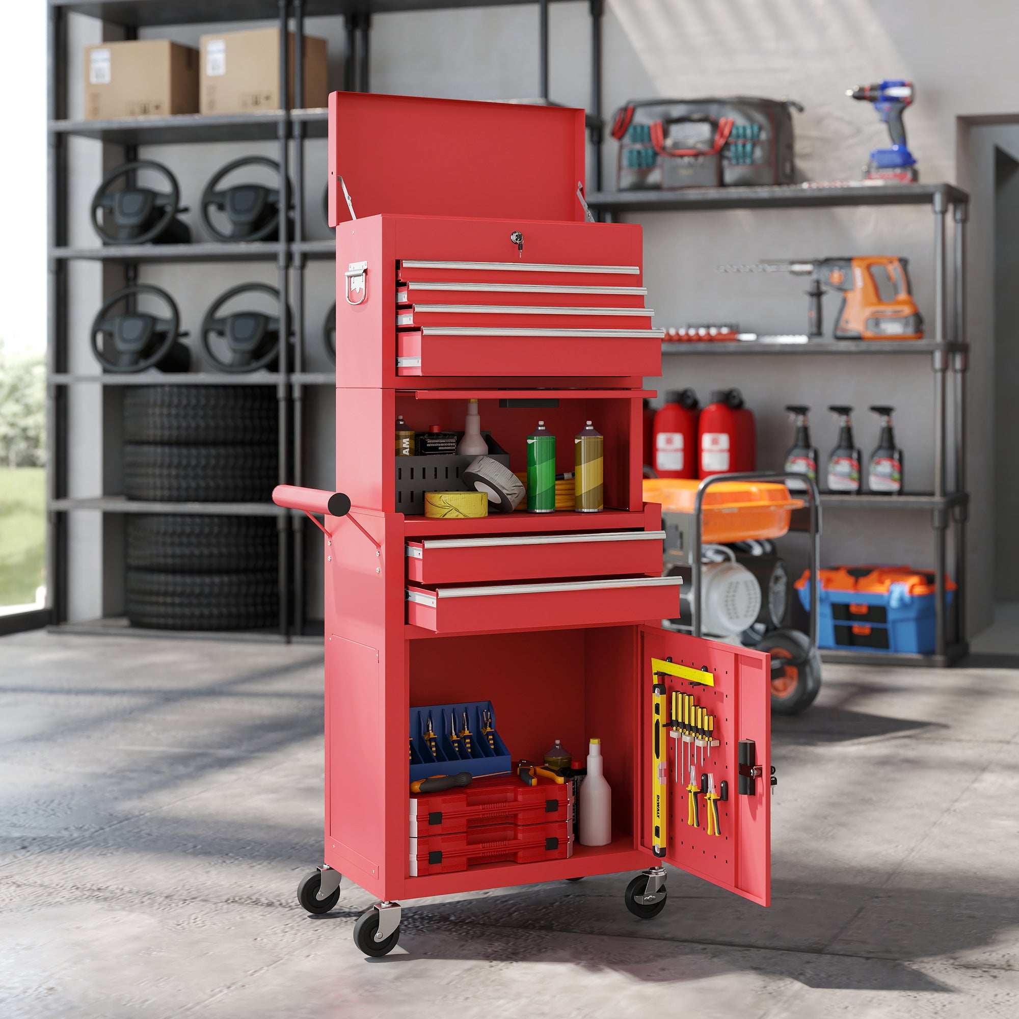 Large Tool Cabinet, 3-in-1 Rolling Tool Chest, Detachable Tool Storage Organizer with 6 Drawers and Pegboard, Red