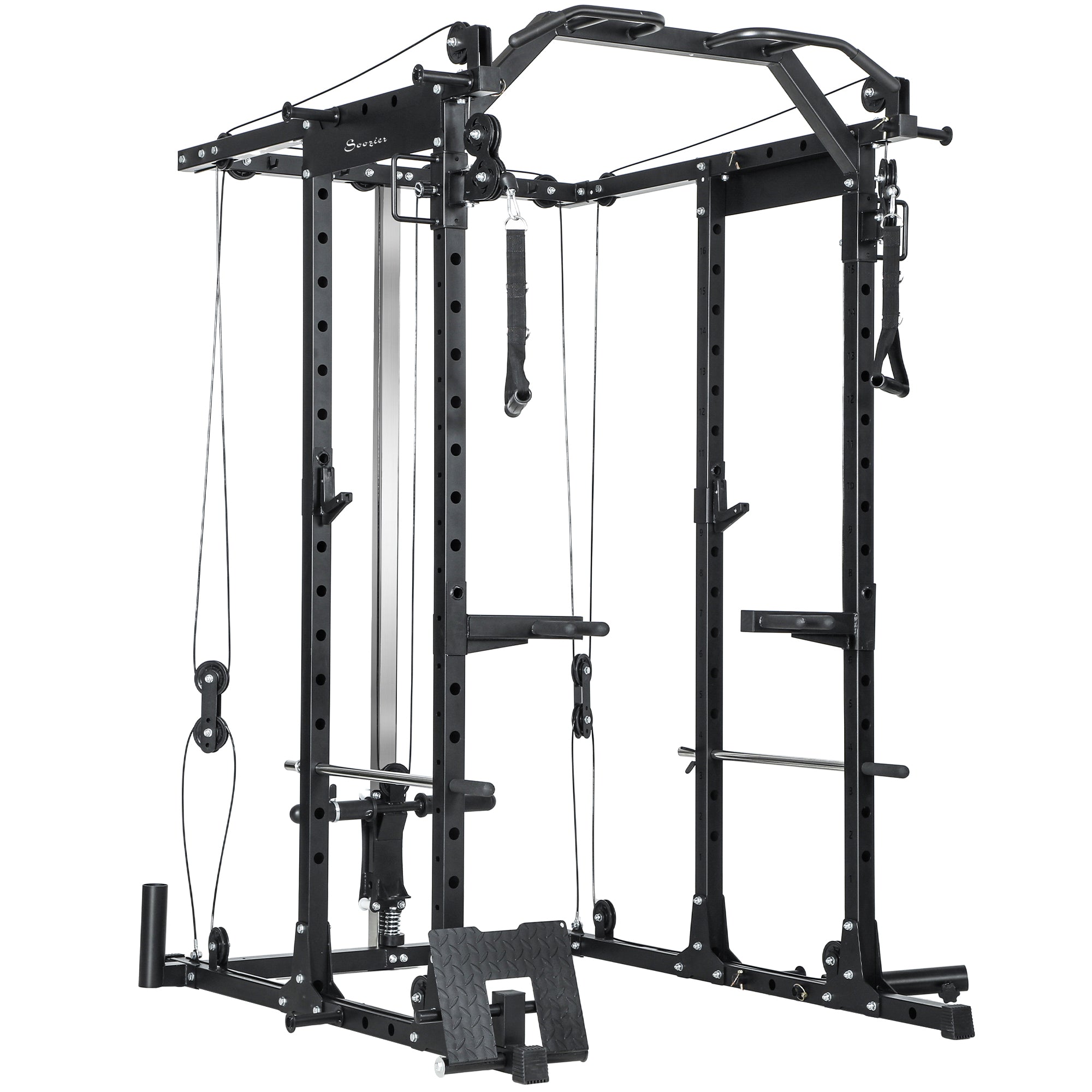 Soozier Multi-Functional Power Rack, Smith Machine Cable Crossover System with Pull Up Bar, Lat-Pull Down System, Landmine
