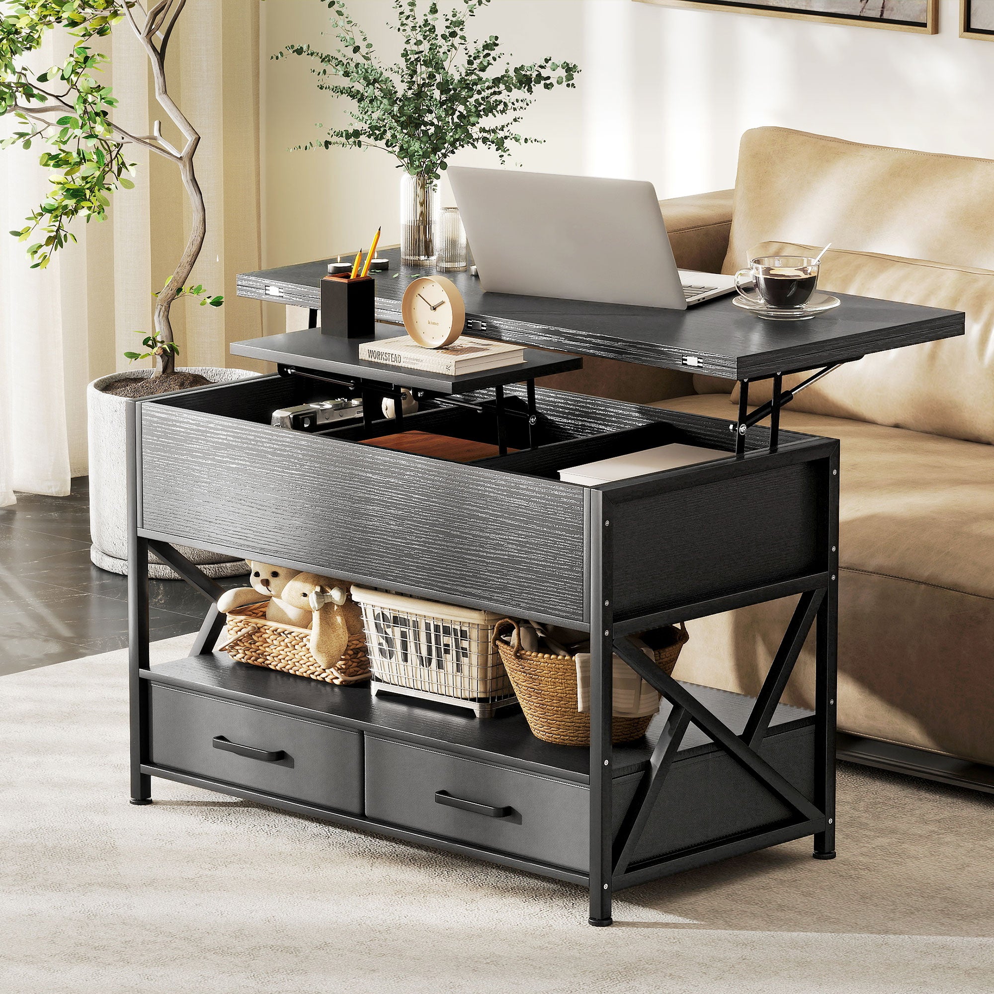 Modern Coffee Table, Lift Top Center Table with Fabric Drawers and Hidden Storage for Living Room, Distressed Black