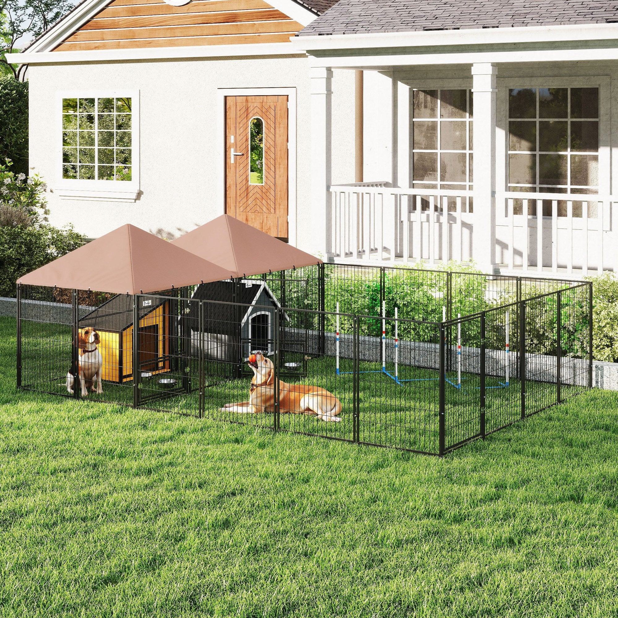 Large Outdoor Dog Kennel with 2 Rooms, Rotating & Adjustable Height Bowls, 13.5' x 9.4' x 5.1'
