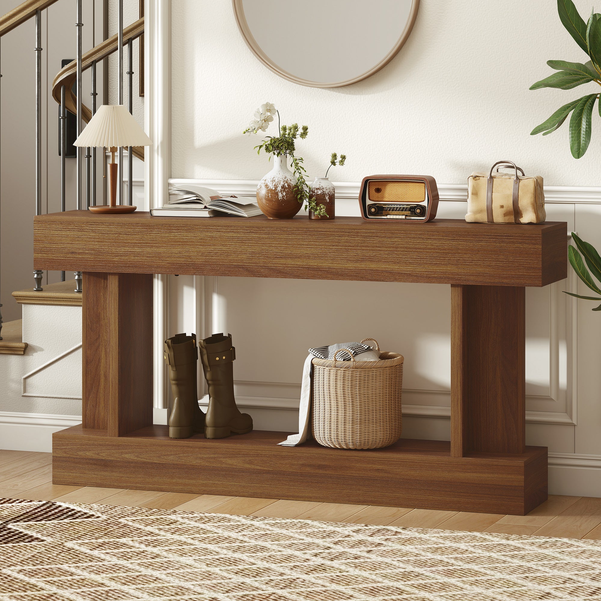 63 Inch Long Console Table, Vintage Narrow Entryway Table with Storage Shelf for Living Room and Hallway, Dark Brown