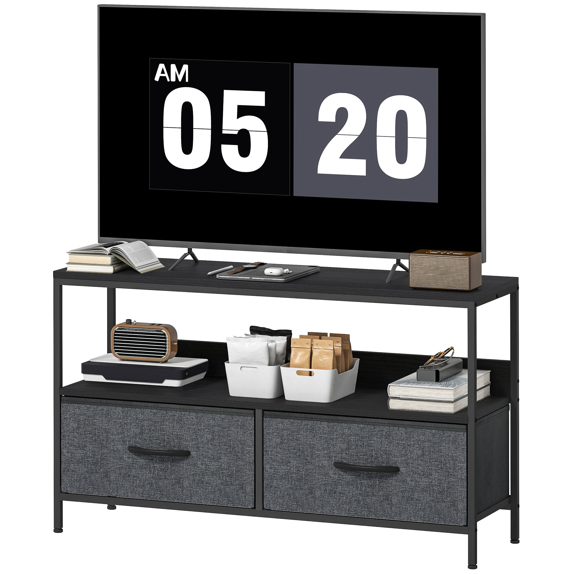 TV Stand with Charging Station, TV Table with 2 Foldable Linen Drawers and Open Shelf for 47 Inch Television, Black