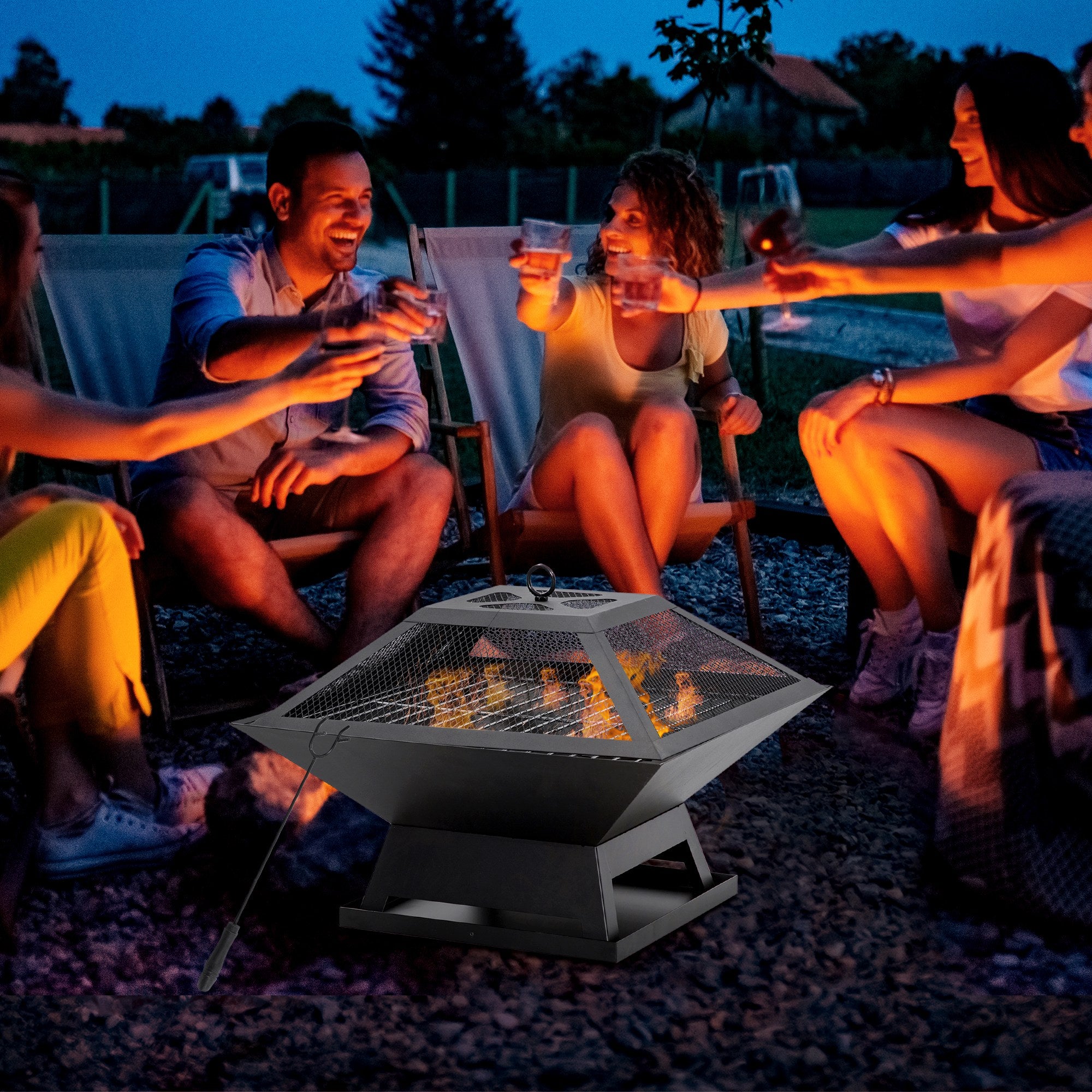 17.7" Wood Burning Portable Fire Pit, Outdoor Firepit with Cooking BBQ Grill, Spark Screen, Poker for Backyard, Black