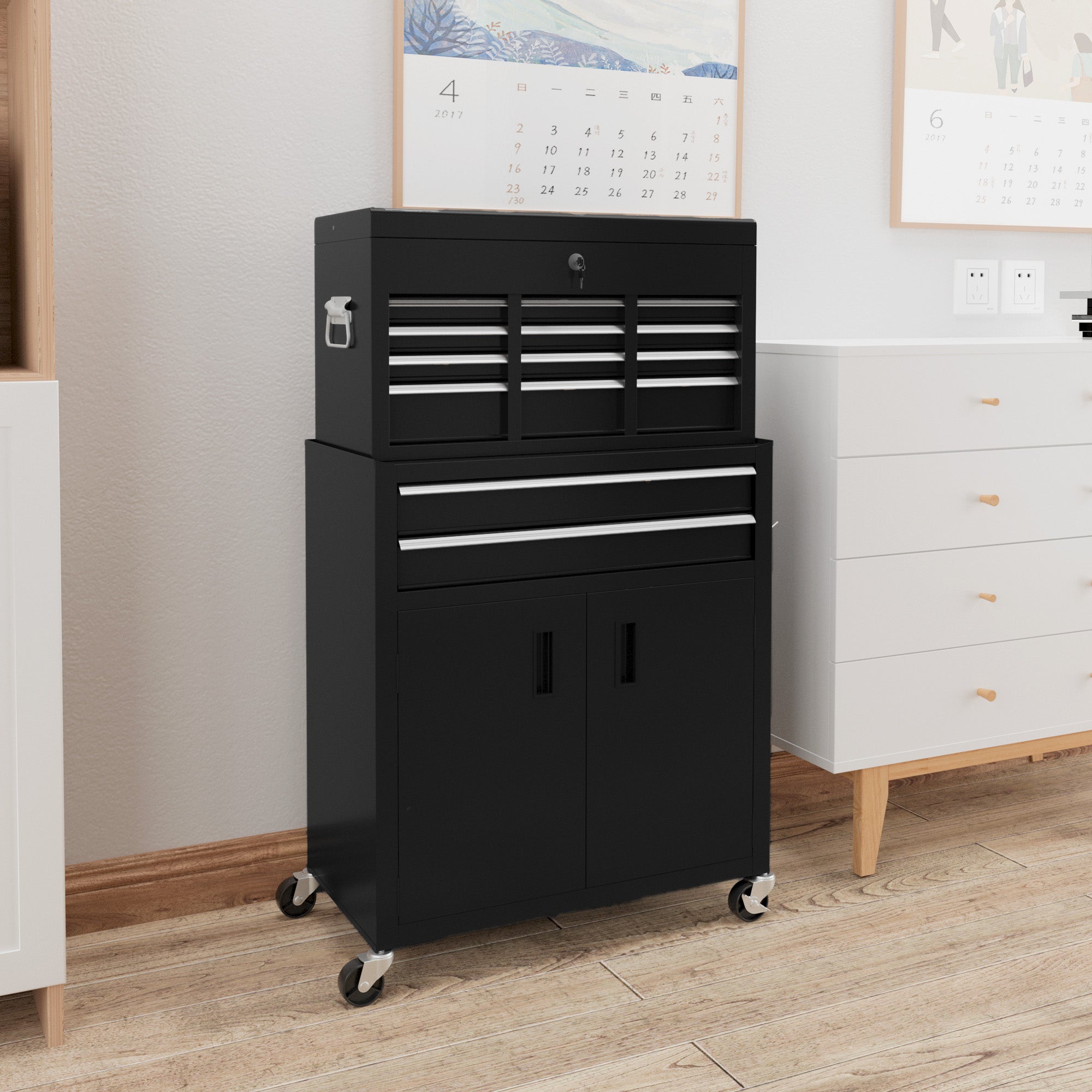 6-Drawer Rolling Tool Chest, 2 in 1 Lockable Storage Cabinet with Hooks, Metal Tool Box for Garage, Workshop, Black