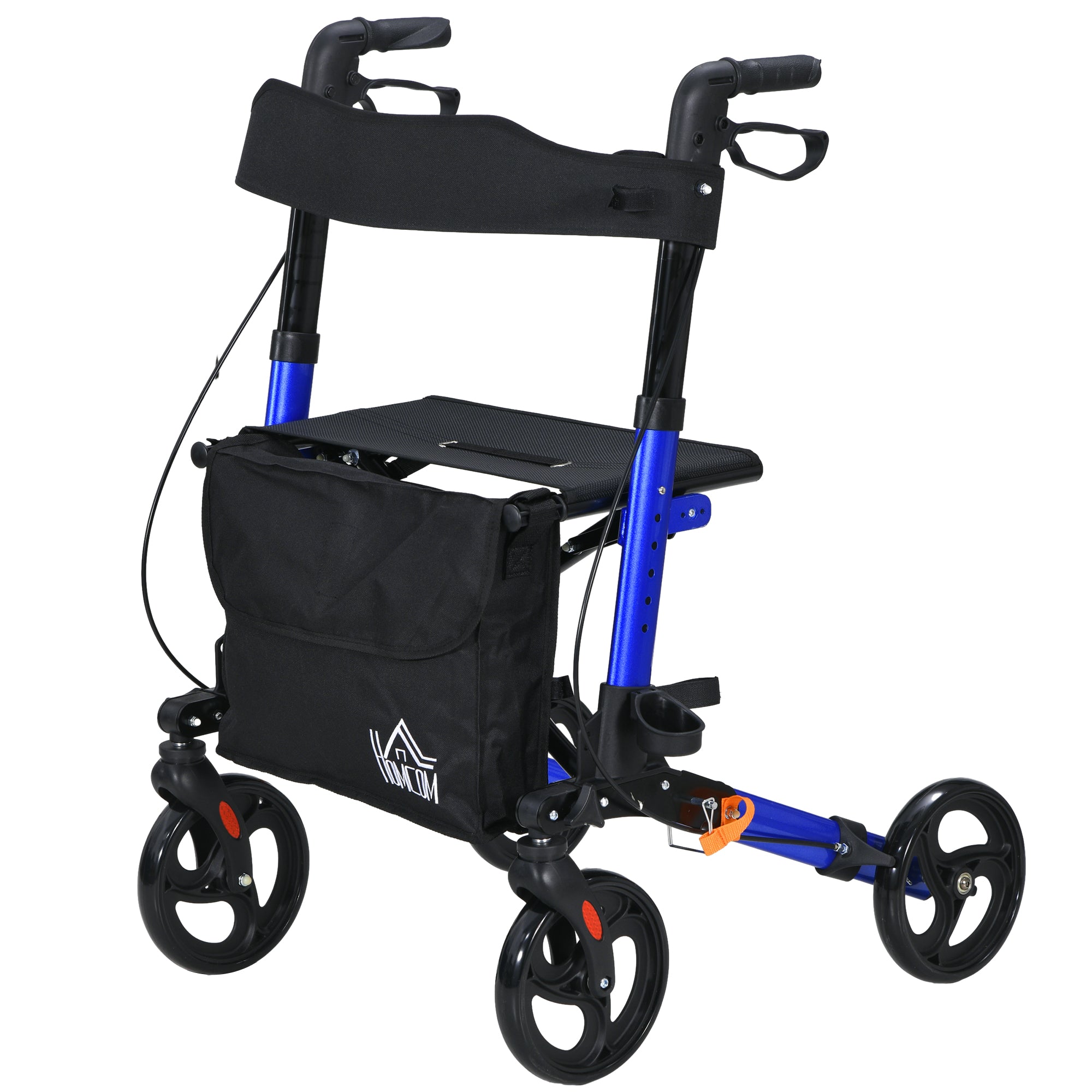 Rollator for Seniors with Seat, Back, Cane Holder, Aluminium Folding Rolling Walker with Adjustable Handle, Bag, Blue