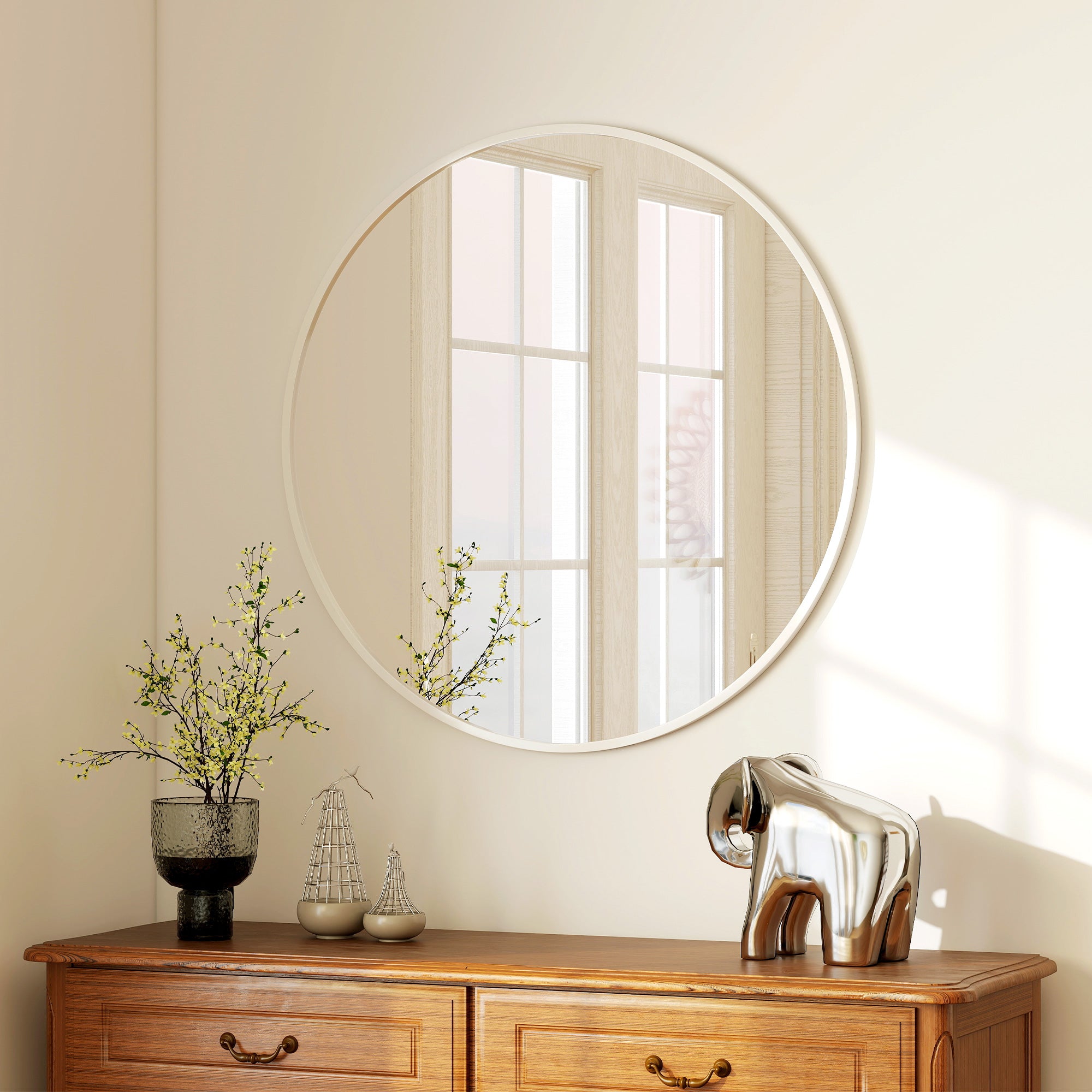 36" Round Mirror, Bathroom Wall Mirror with Metal Frame, Decorative Vanity Mirror for Living Room, Bedroom, White