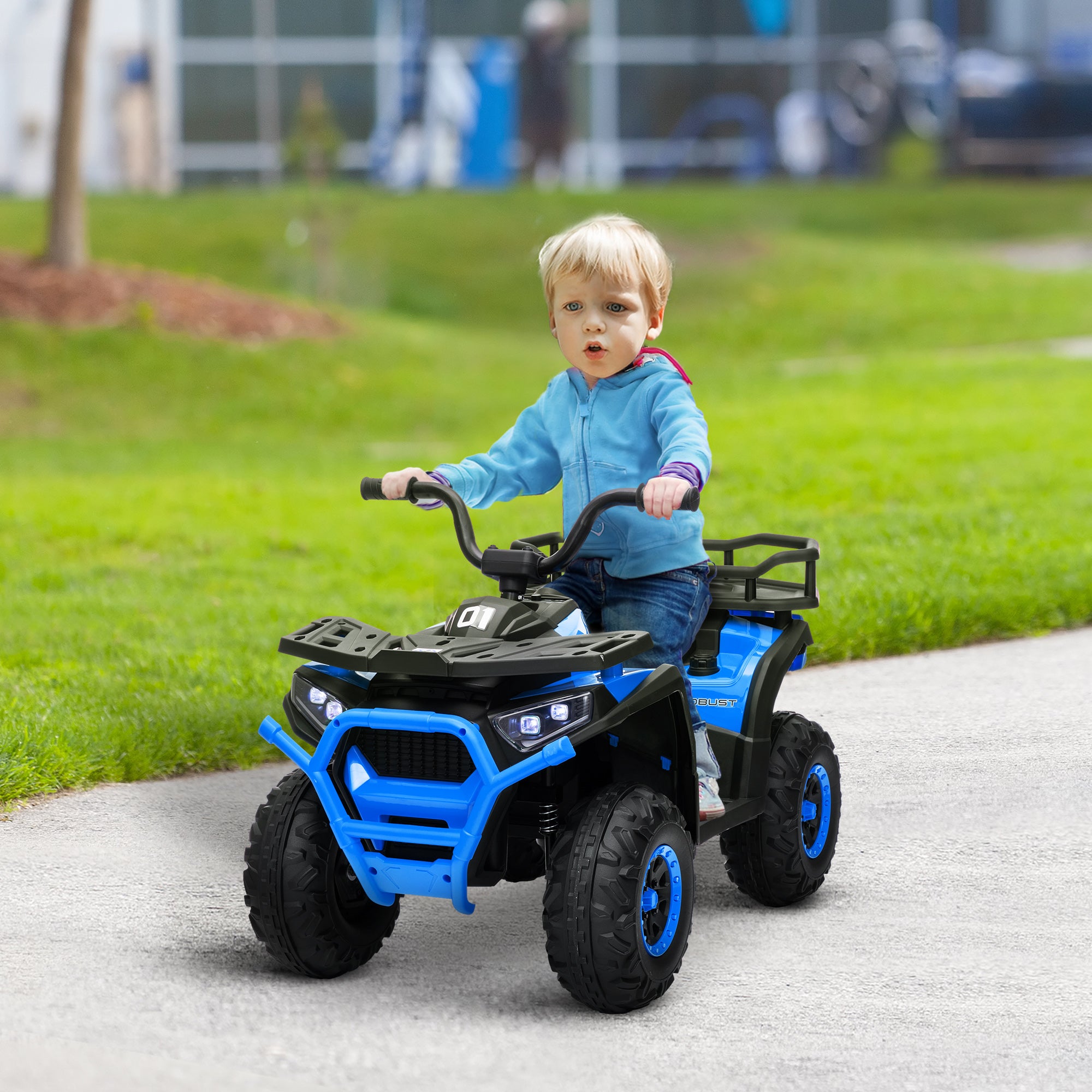 Qaba Kids ATV, 12V Battery Powered Electric Ride on Toy w/ Spring Suspension, Storage Basket, High & Low Speed, Blue