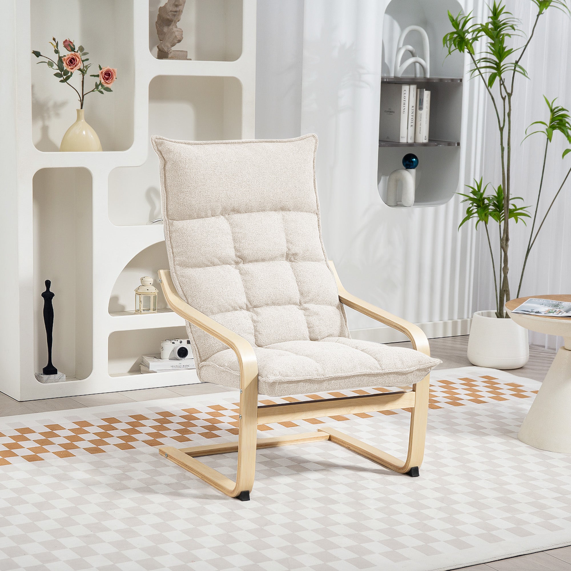 Modern Armchair, Upholstered Accent Chair with Curved Leg and Arm, Leisure Lounge Chair for Living Room, Cream White