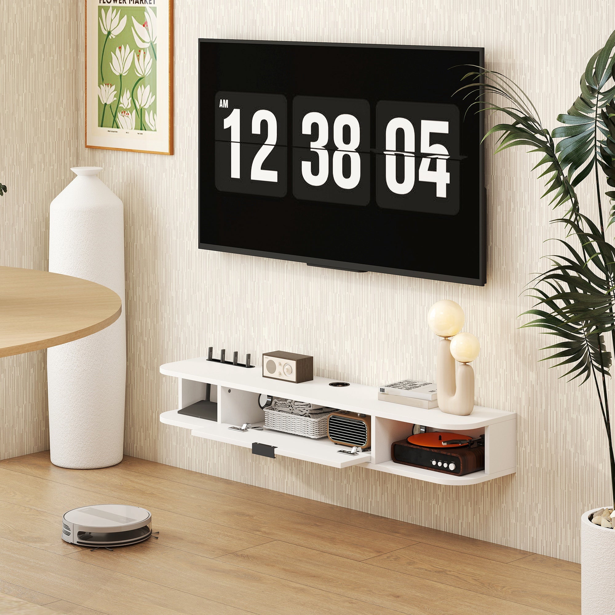 47" Floating TV Stand for TVs up to 50 Inch, Wall Mounted Media Console with Flip Drawer and 2 Open Shelves, White