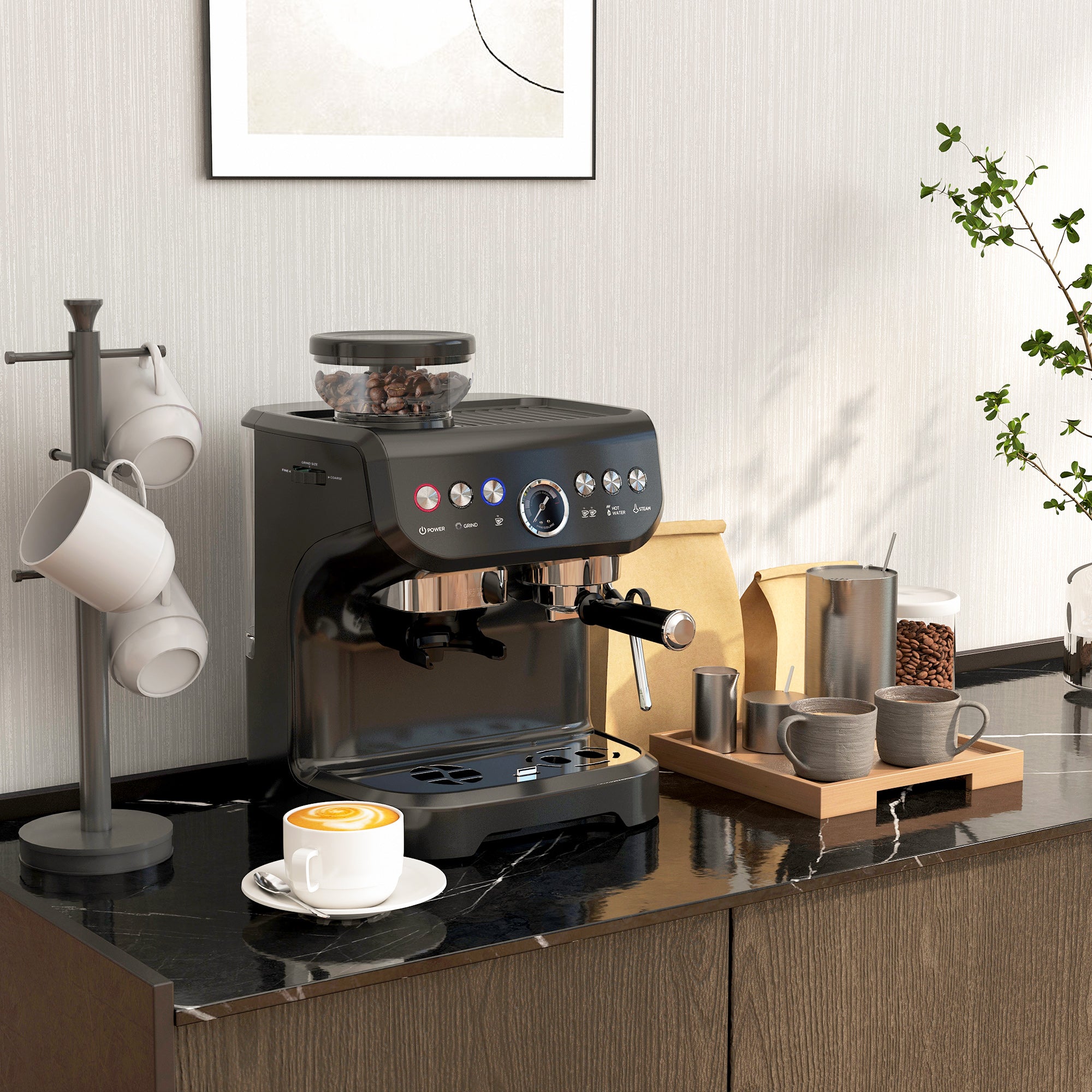 Espresso Machine, 15 Bar Barista Coffee Maker with Milk Frother, Fast Heating, Grinder for Espresso, Latte, Cappuccino
