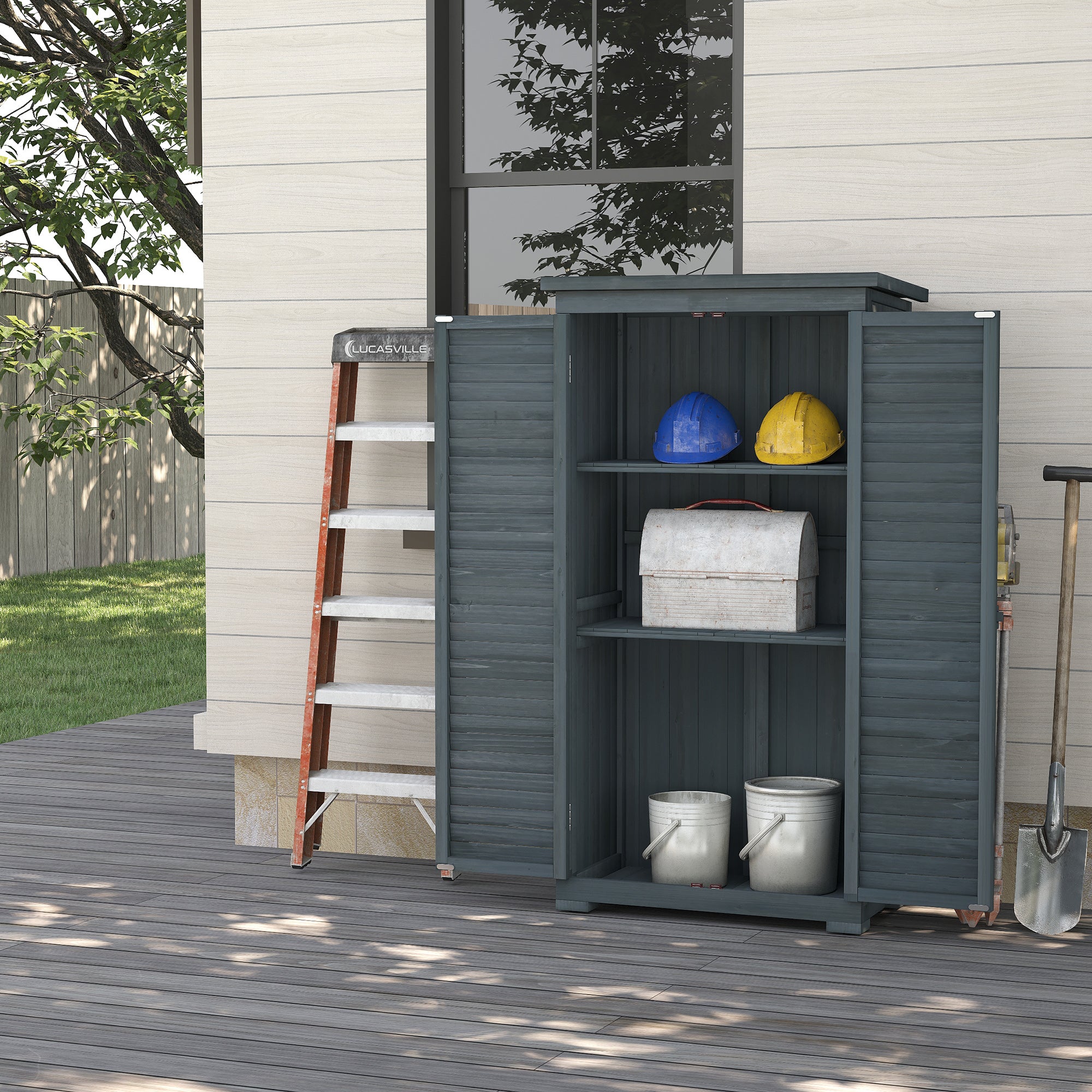 Outdoor Garden Shed, Wooden Tool Storage Shed, 3-Tier Shelves, Asphalt Roof, Shutter Doors, 34.3" x 18.3" x 63", Grey