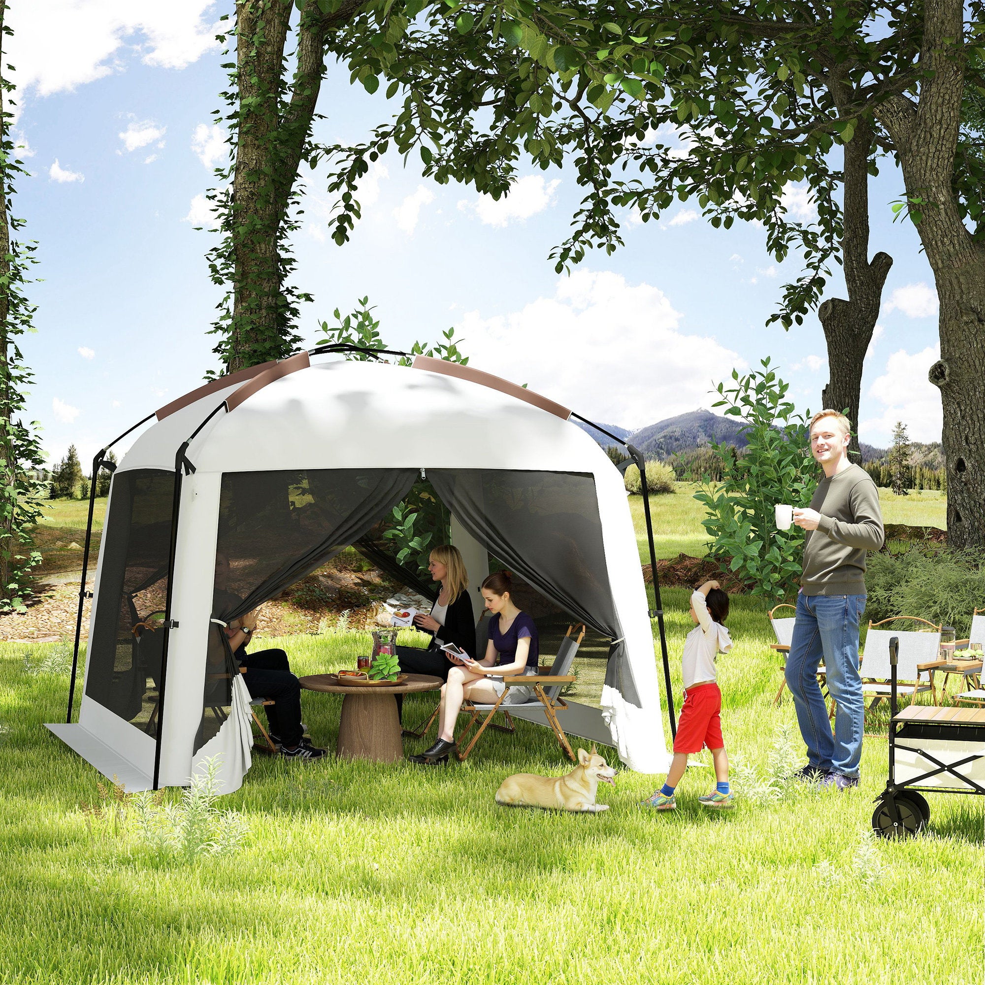 10' x 10' Screen Tent, UV50+ Protection Outdoor Screen House with Carry Bag & Ground Stakes, Fits 6-8 People, White