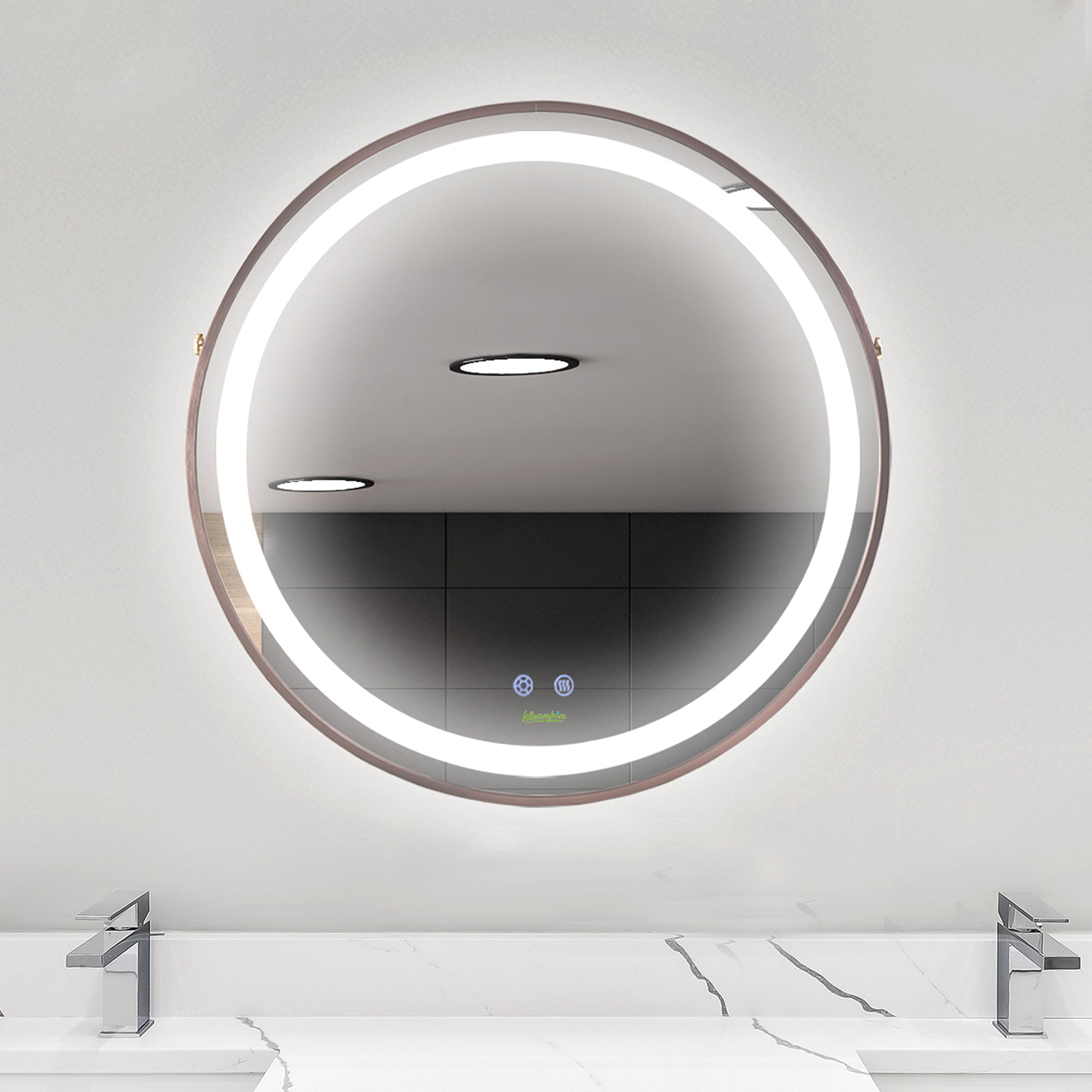 24'' Round Led Bathroom Mirror, Dimmable Anti Fog Wall-Mounted Mirror with 3 Temperature Colors, Plug-in, Rose Gold