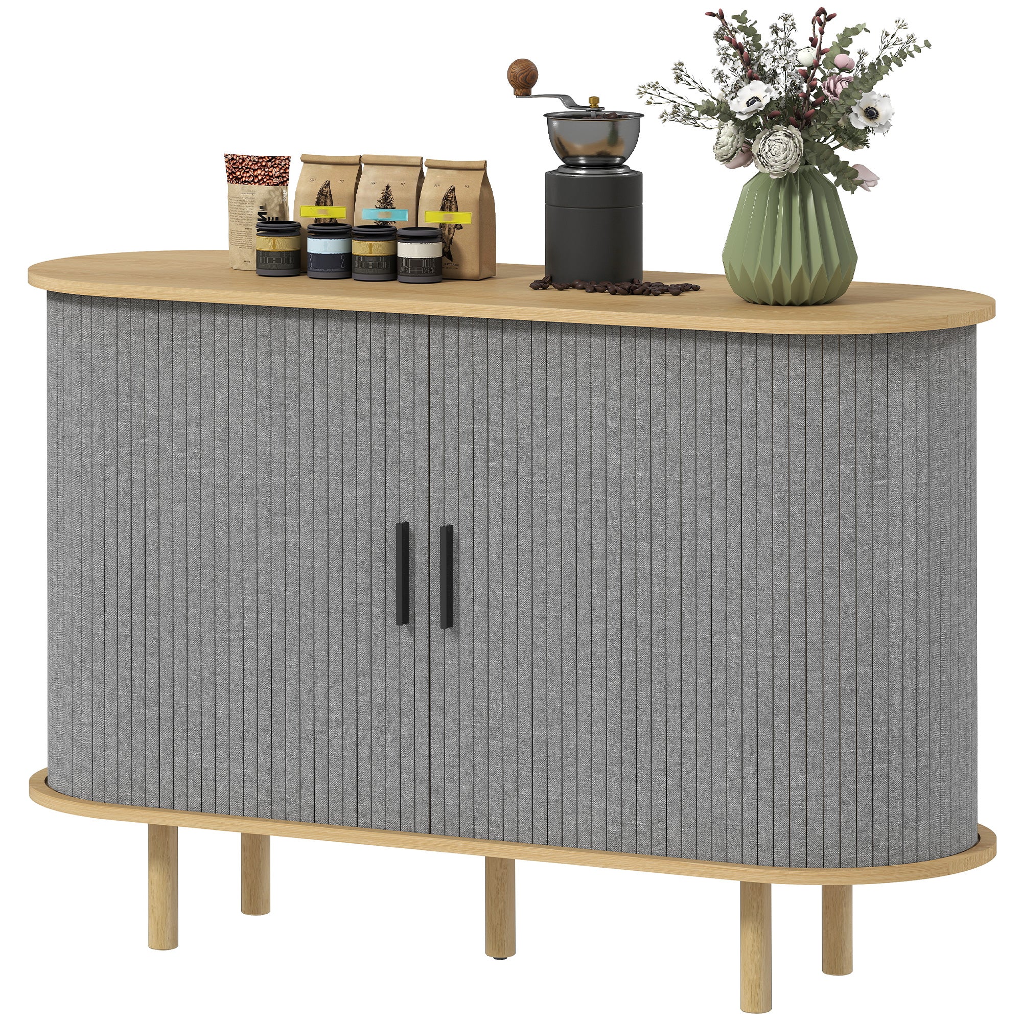 47" Buffet Cabinet with Tambour Sliding Doors, Fluted Sideboard with Storage Shelves and Wooden Legs, Grey