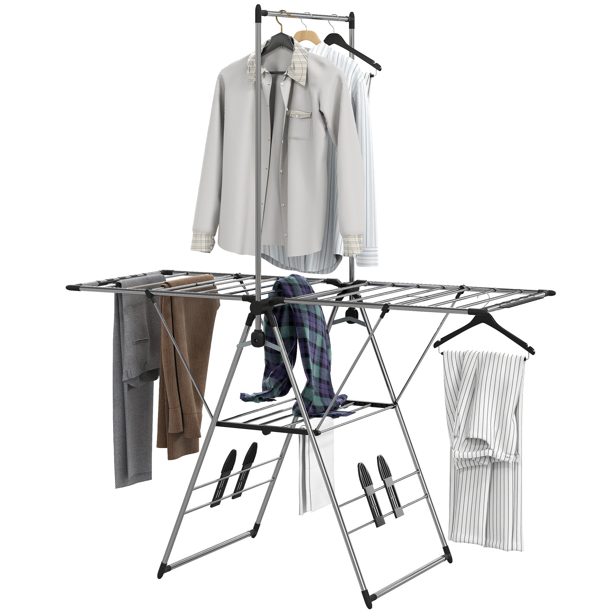 Clothes Drying Rack, Foldable Stainless Steel Laundry Drying Rack with Adjustable Gullwings and Shoe Holders, Silver