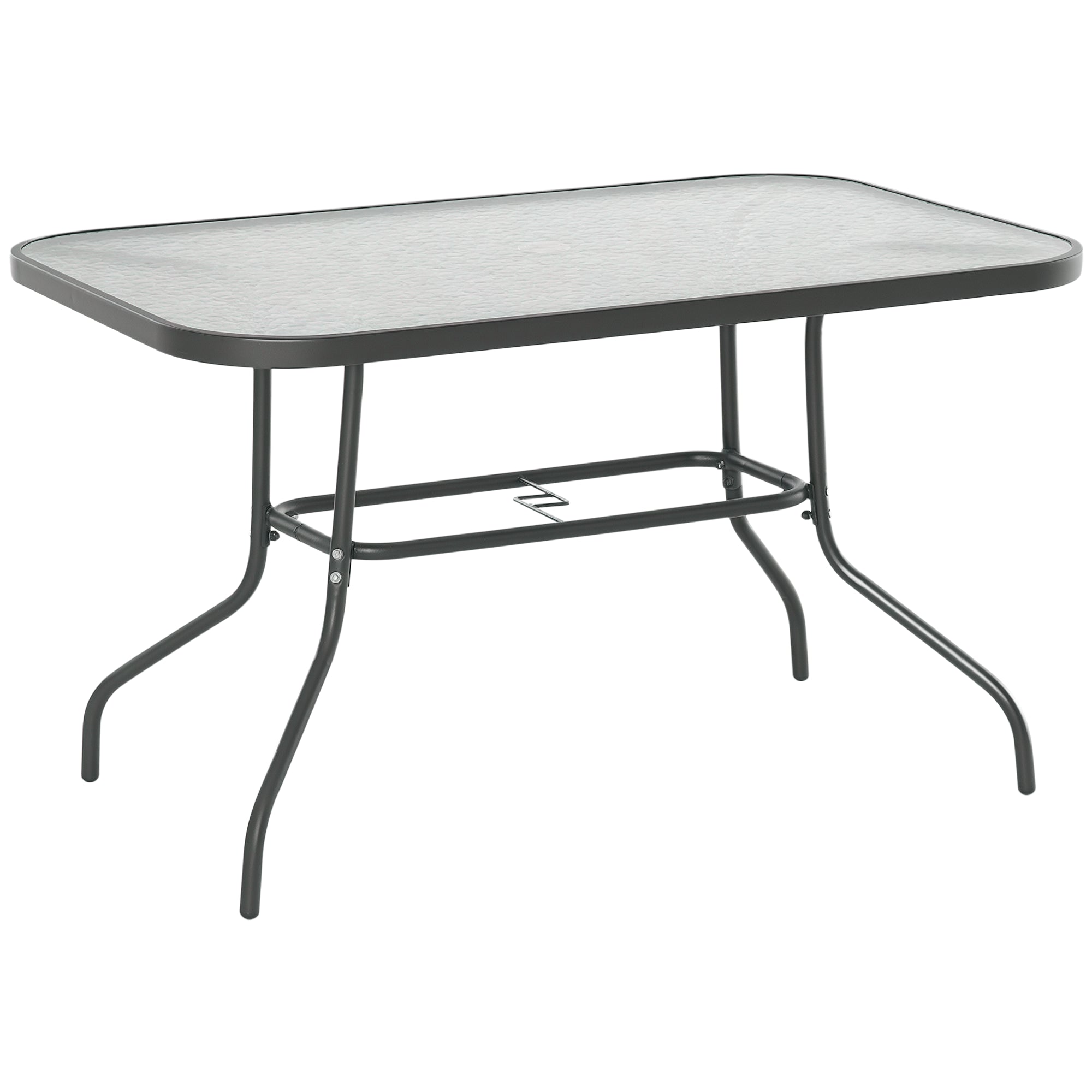 Metal Garden Dining Table with Umbrella Hole, Outdoor Patio Table with Tempered Glass Top, 47.25" x 31.5"