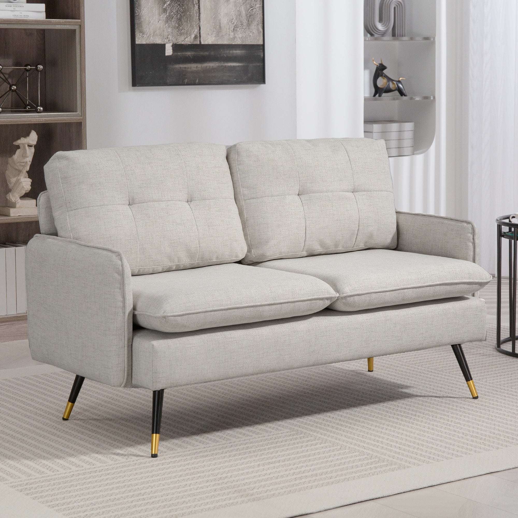 55" Loveseat Sofa, Linen Love Seat w/ S spring, Steel Legs and Button Tufting, Small Couch for Living Room, Cream White