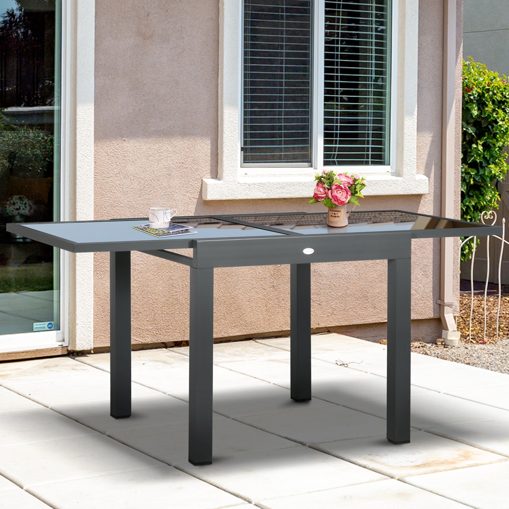 63" Extendable Outdoor Dining Table Patio Table with Aluminum Frame and Tempered Glass Tabletop, Black
