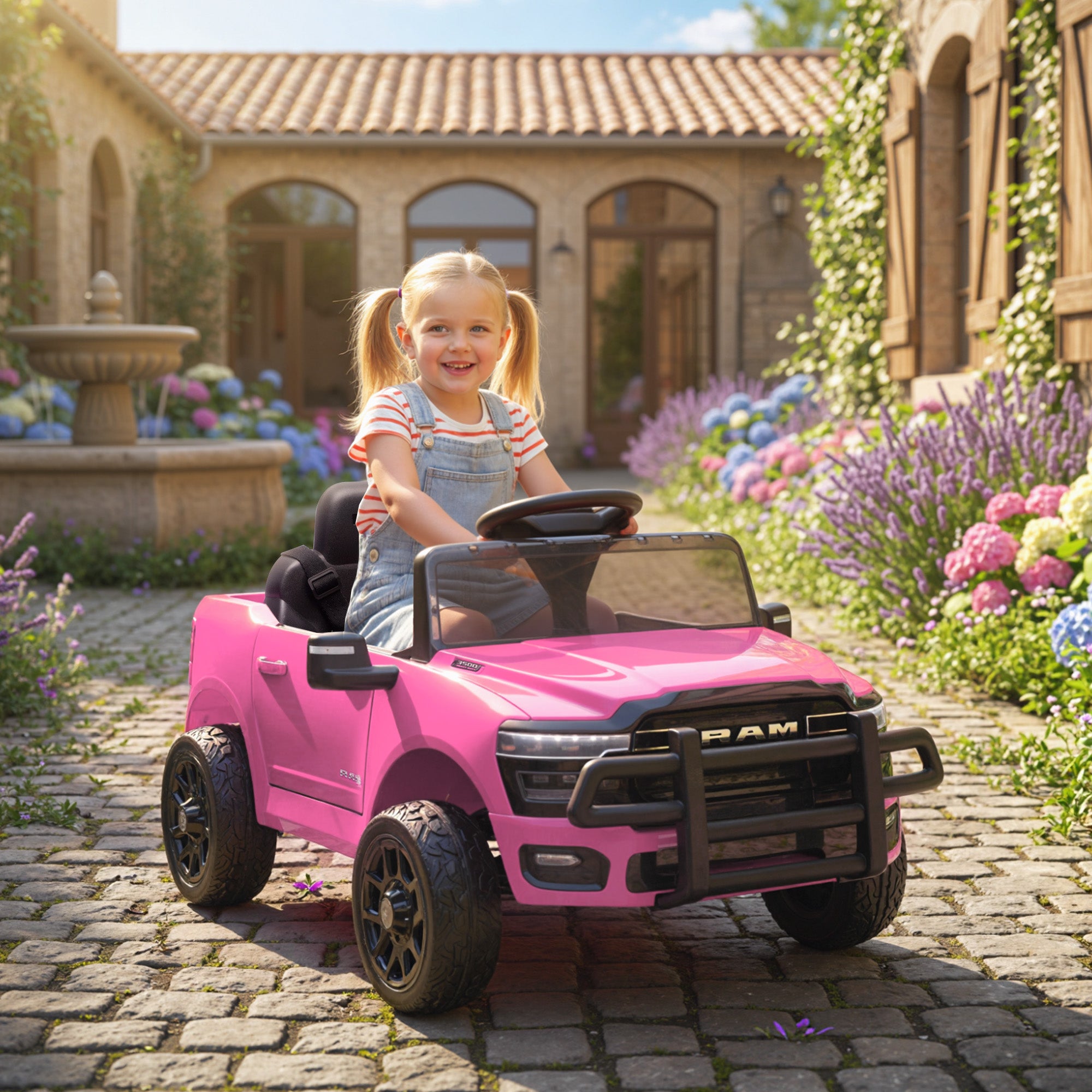 Qaba 12V Ride on Car, Licensed Dodge RAM 3500 Electric Vehicle with Remote Control, Suspension for 3-5 Years, Pink