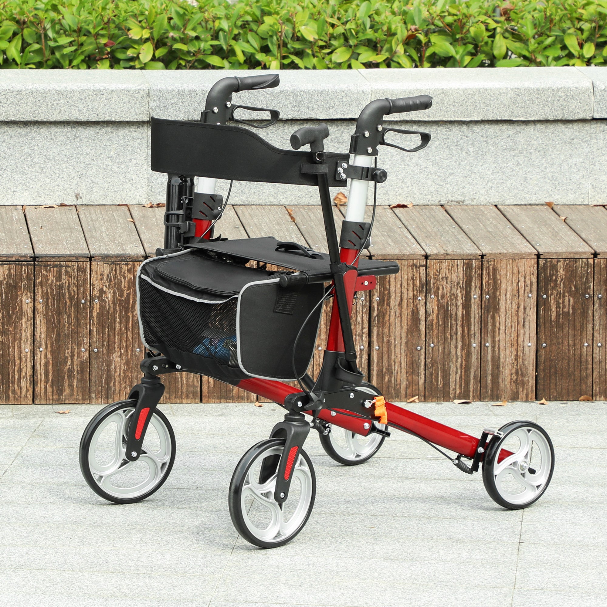 Lightweight Folding Rolling Walker with Large Seat, Back, Adjustable Handle, Bag, Dual Brake, Cane Holder, Red