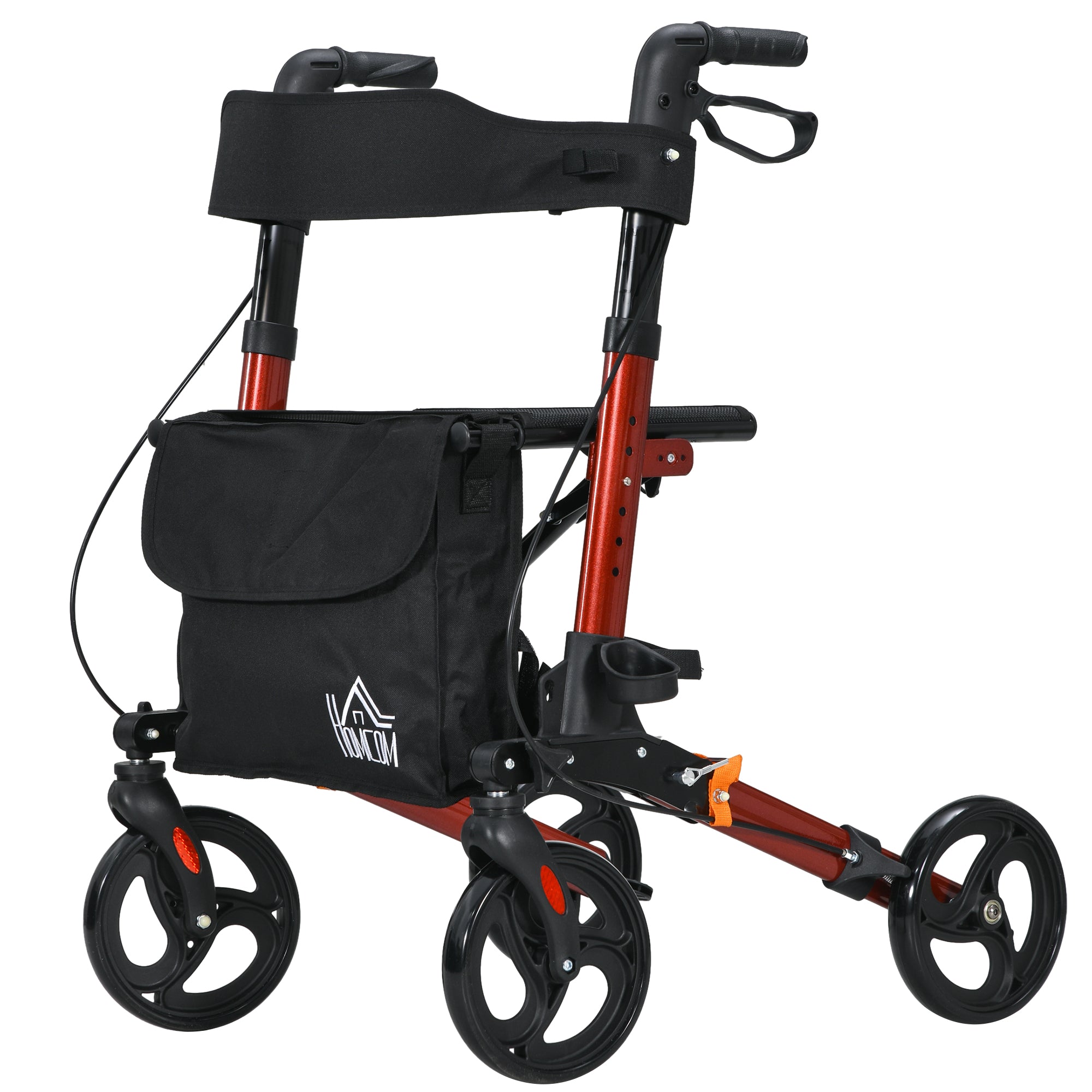 Rollator for Seniors with Seat, Back, Cane Holder, Aluminium Folding Rolling Walker with Adjustable Handle, Bag, Red