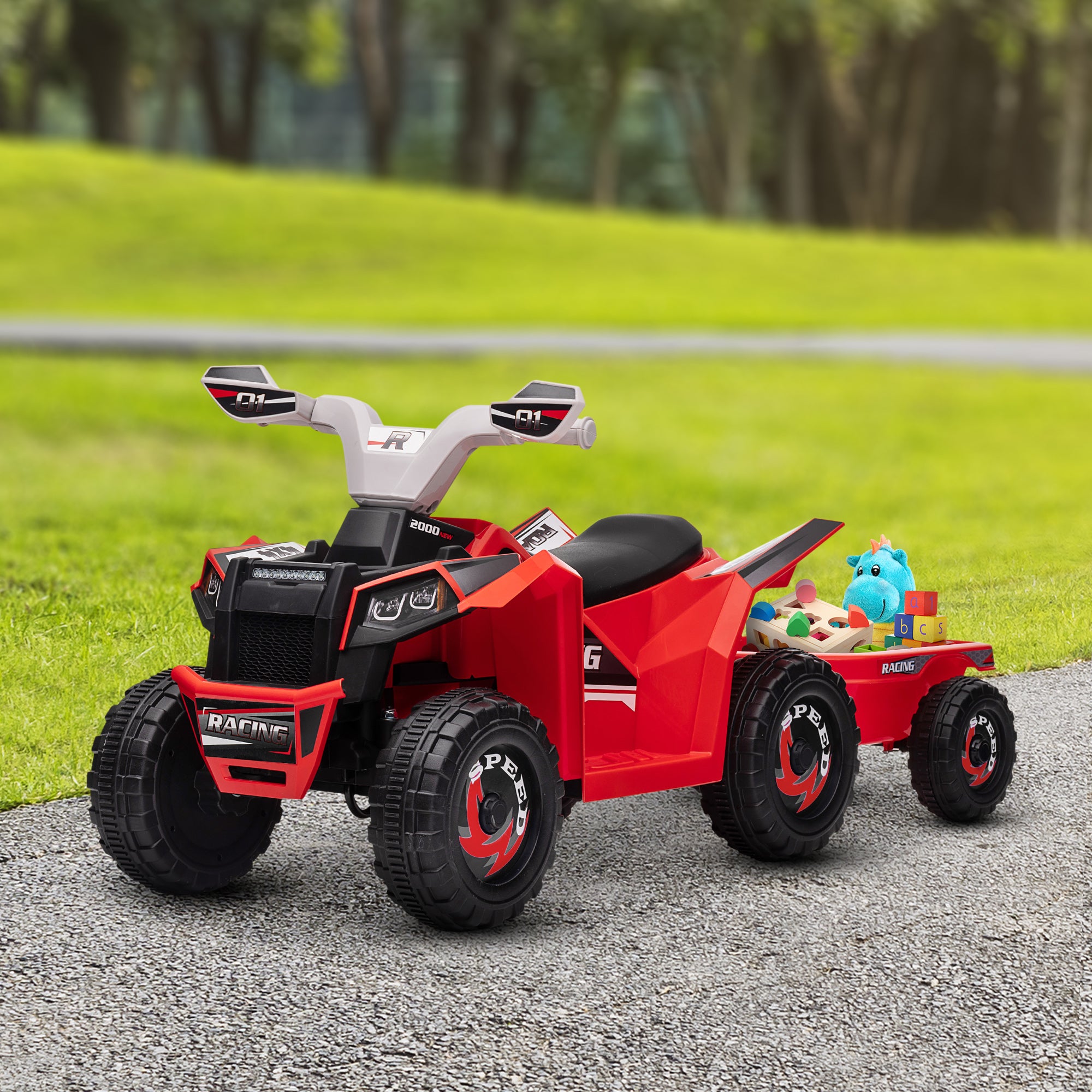 Aosom 6V Electric Toy Car with Back Trailer, Forward Backward, Wear-Resistant Wheels for Ages 18-36 Months, Red