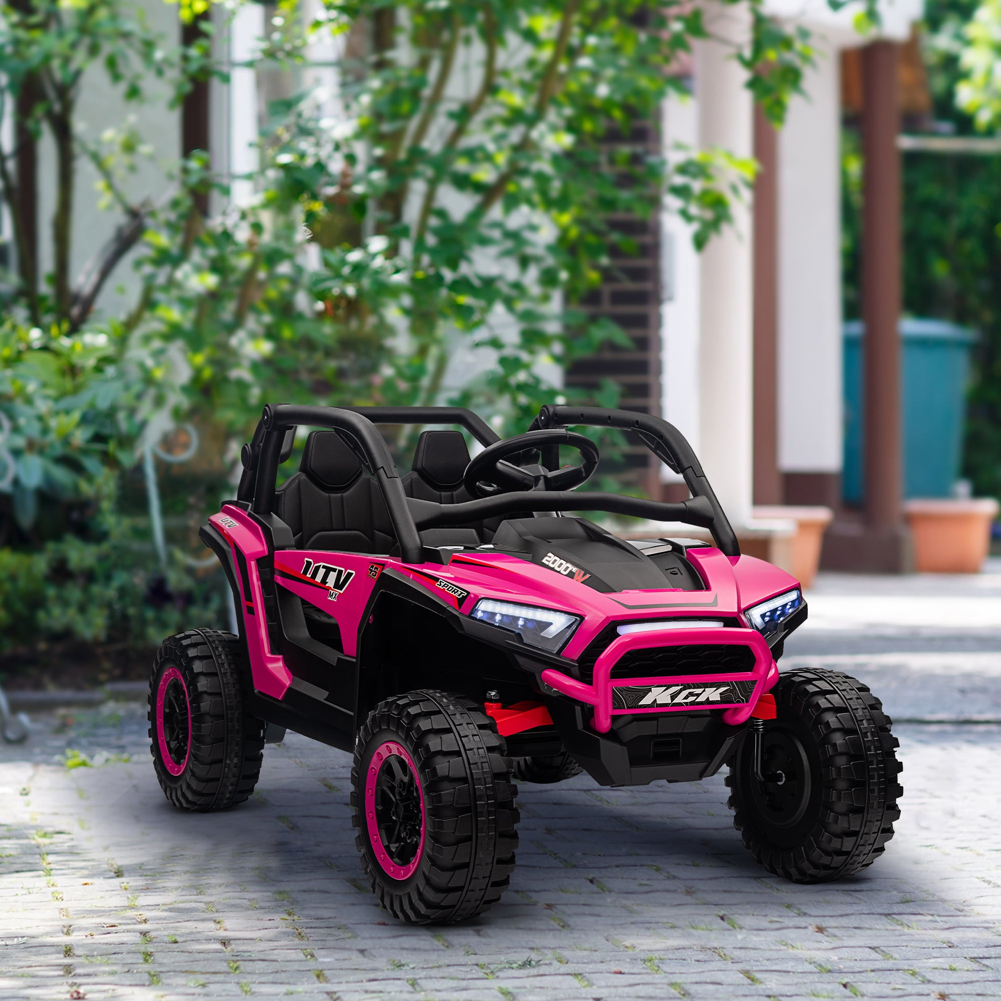 Qaba 2 Seater 24V 7AH Ride on Truck, Electric Car for Kids w/ Spring Suspension, Remote Lights, Horn, Music, Pink