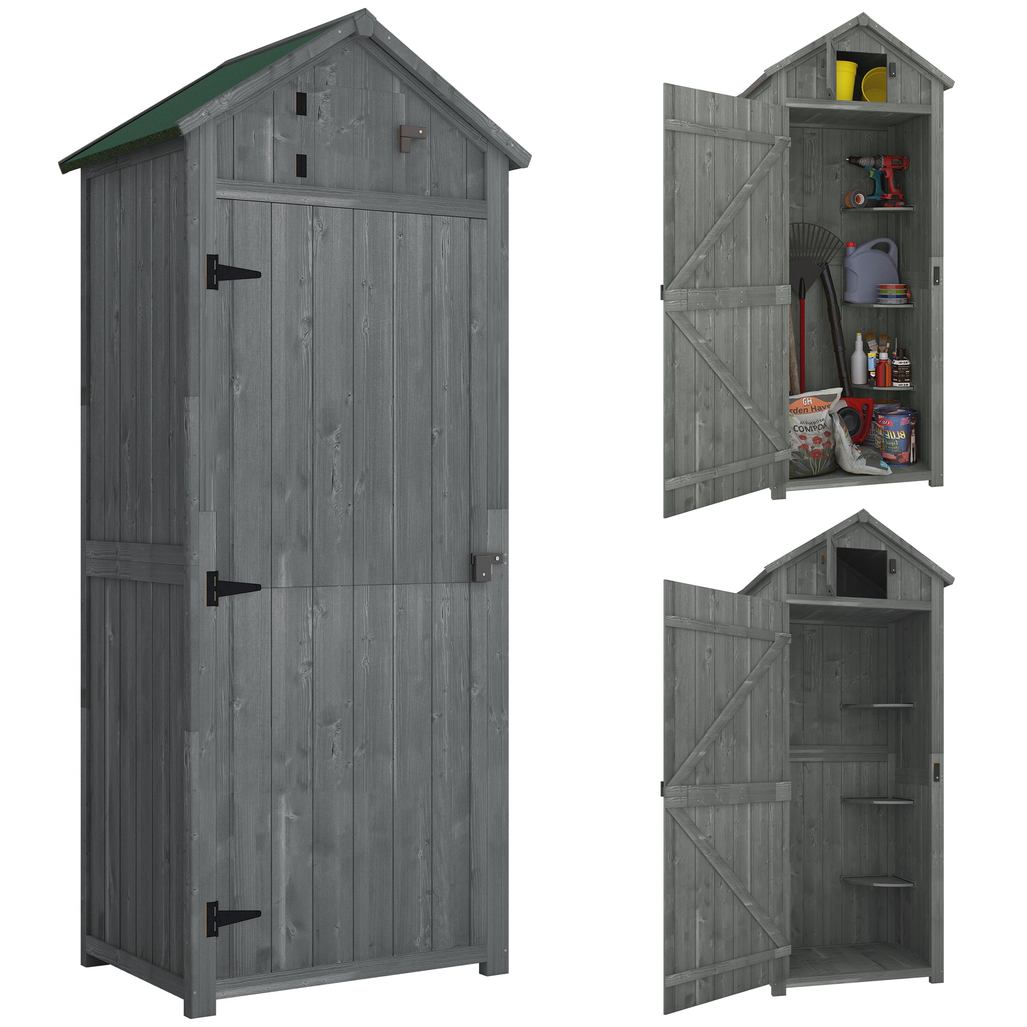 30" x 21" x 71" Garden Storage Shed, Sheds & Outdoor Storage Outdoor Workshop Yard Tool Utility Storage House Water-resistant All-weather Cover Spire Roof with 3 Tiers Shelves Grey