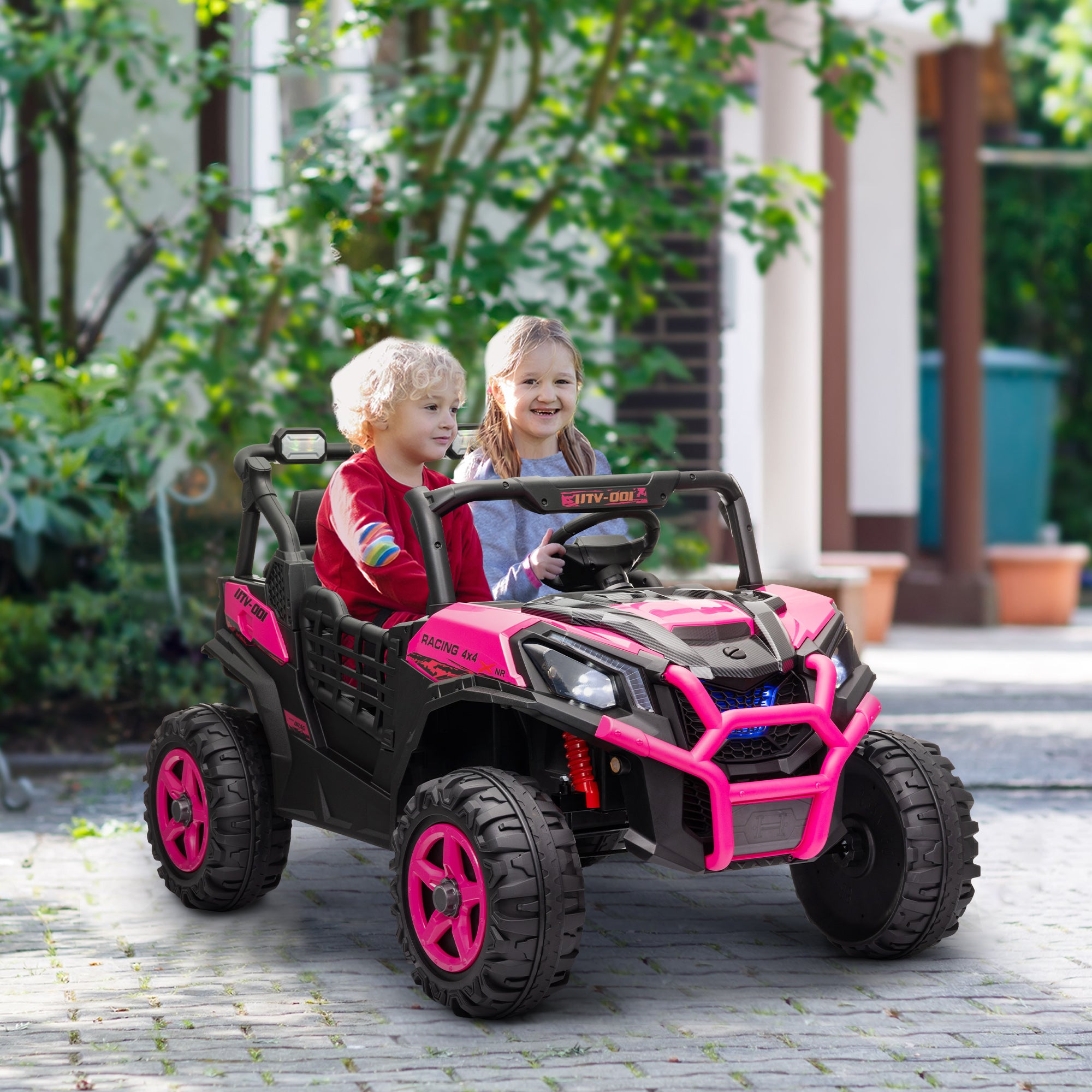 Qaba 2 Seater 24V Electric Car for Kids w/ Remote Control, 3 Speed, LED Lights, Music, Horn, Spring Suspension, Pink