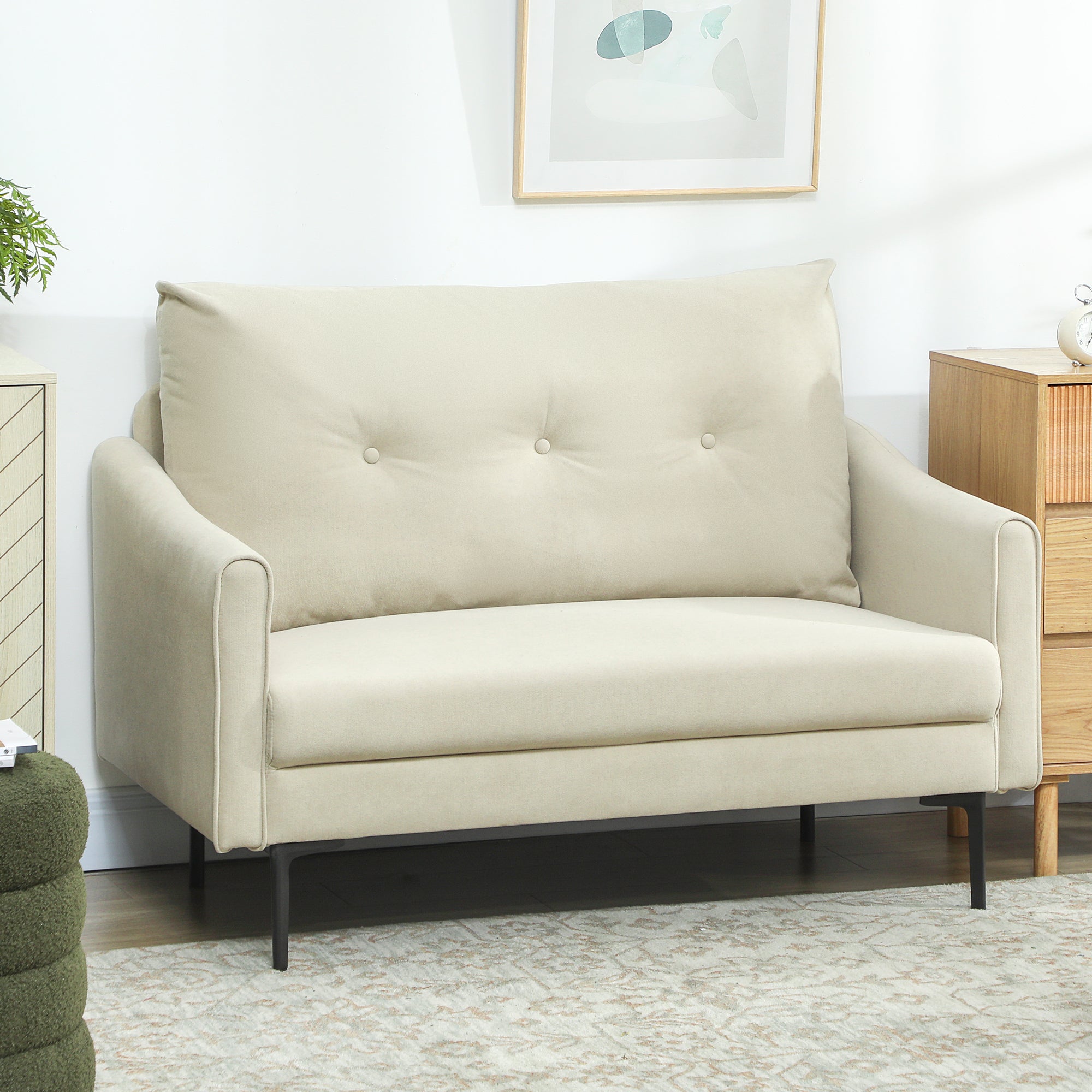 2 Seater Sofa, Small Modern Couch with High-Resilience Foam, Thicken Padding, Button Tufted, Cream White