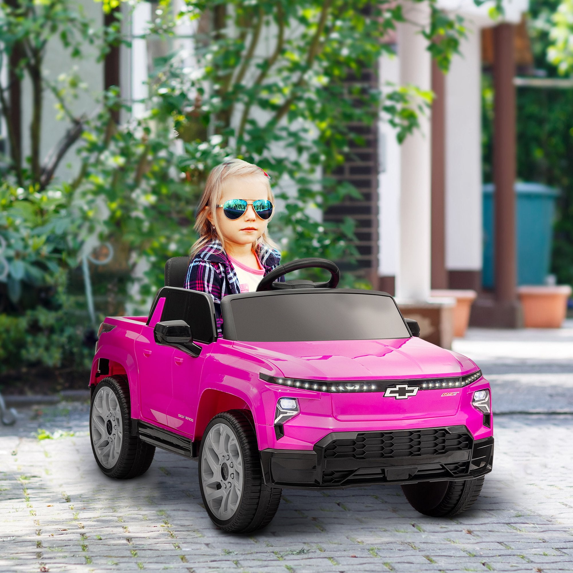Qaba 12V CHEVROLET SILVERADO EV RST Licensed Kids Car w/ Remote, Spring Suspension, Soft Start, Training Wheels, Pink