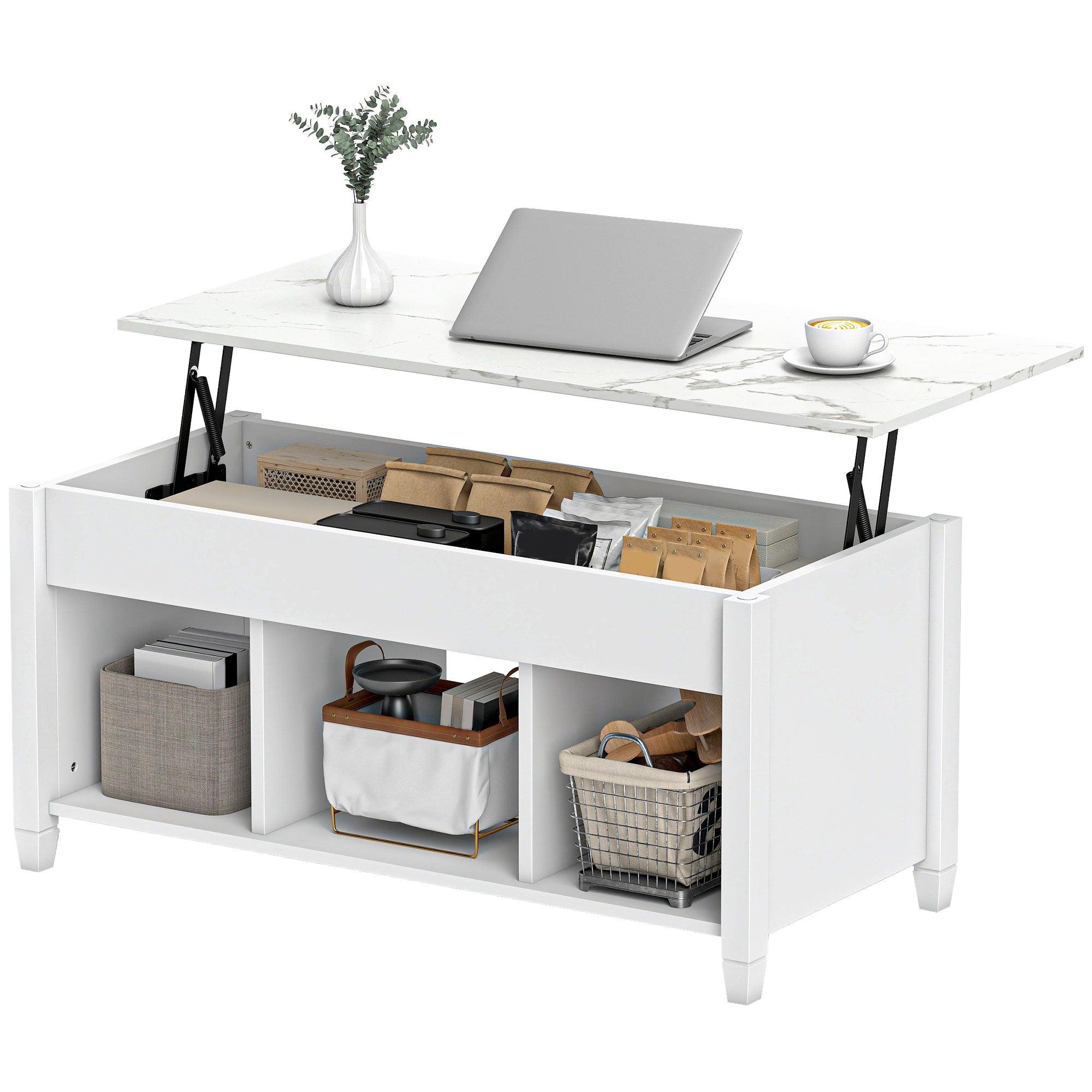 Lift Top Coffee Table, Modern Center Table with Storage Shelves and Hidden Compartment for Living Room, 41" L, White
