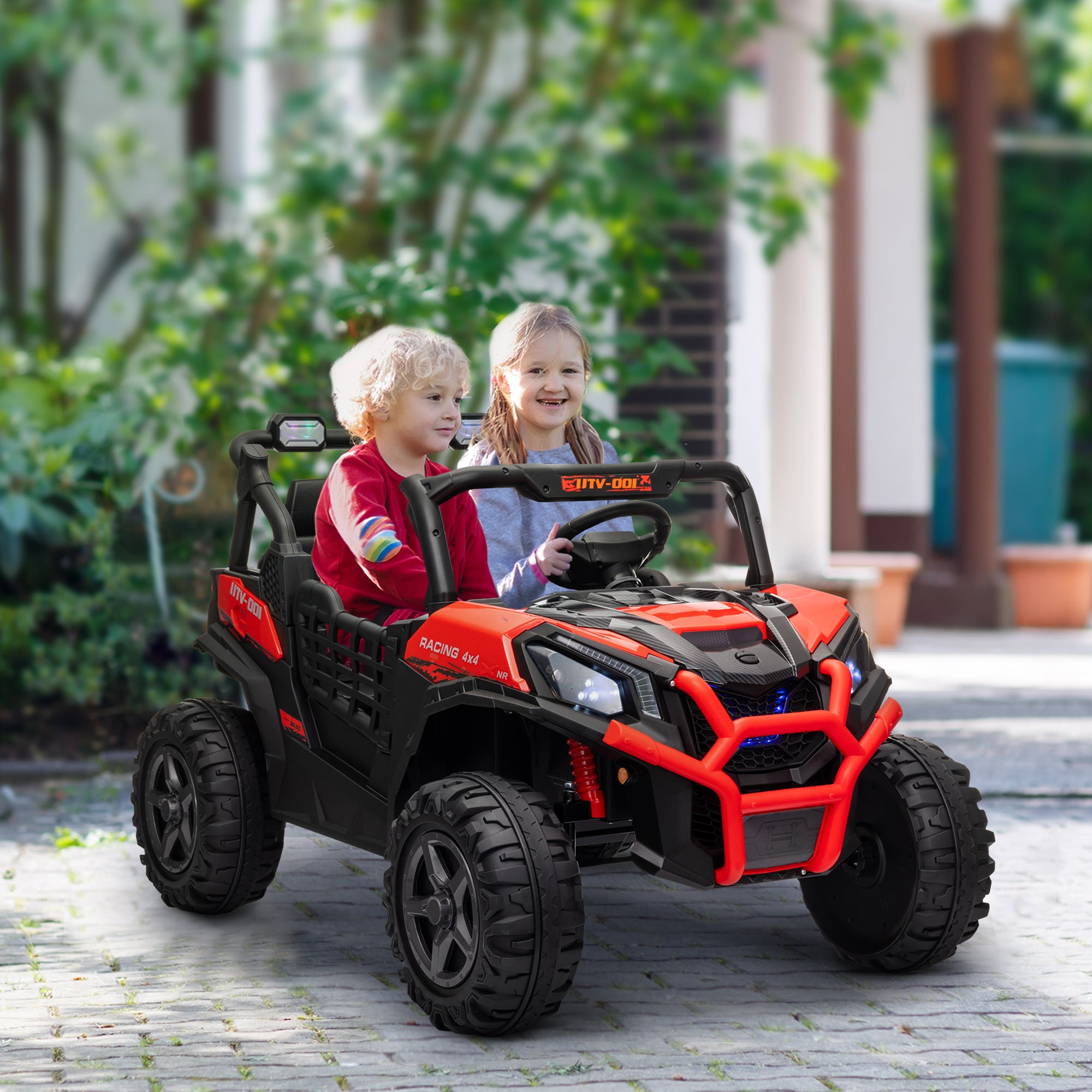 Qaba 2 Seater 24V Electric Car for Kids w/ Remote Control, 3 Speed, LED Lights, Music, Horn, Spring Suspension, Red